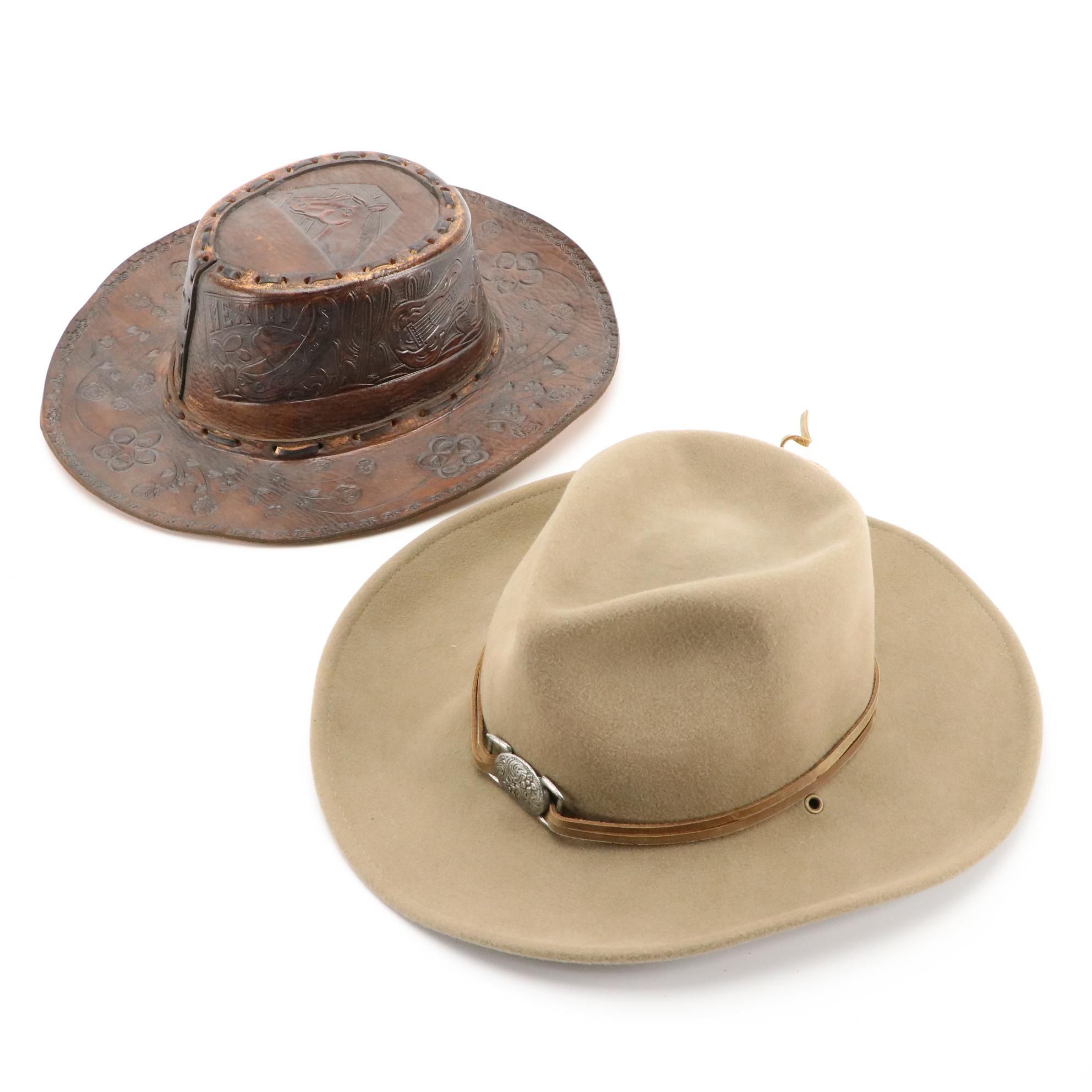Tooled Leather Hat and MHT Westerns Felted Hat