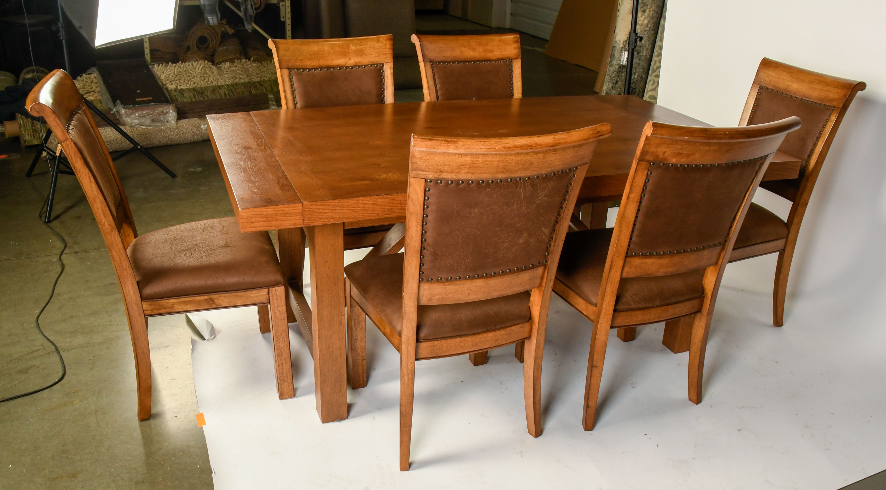 Lacquer Craft Oak Dining Table and Six Chairs