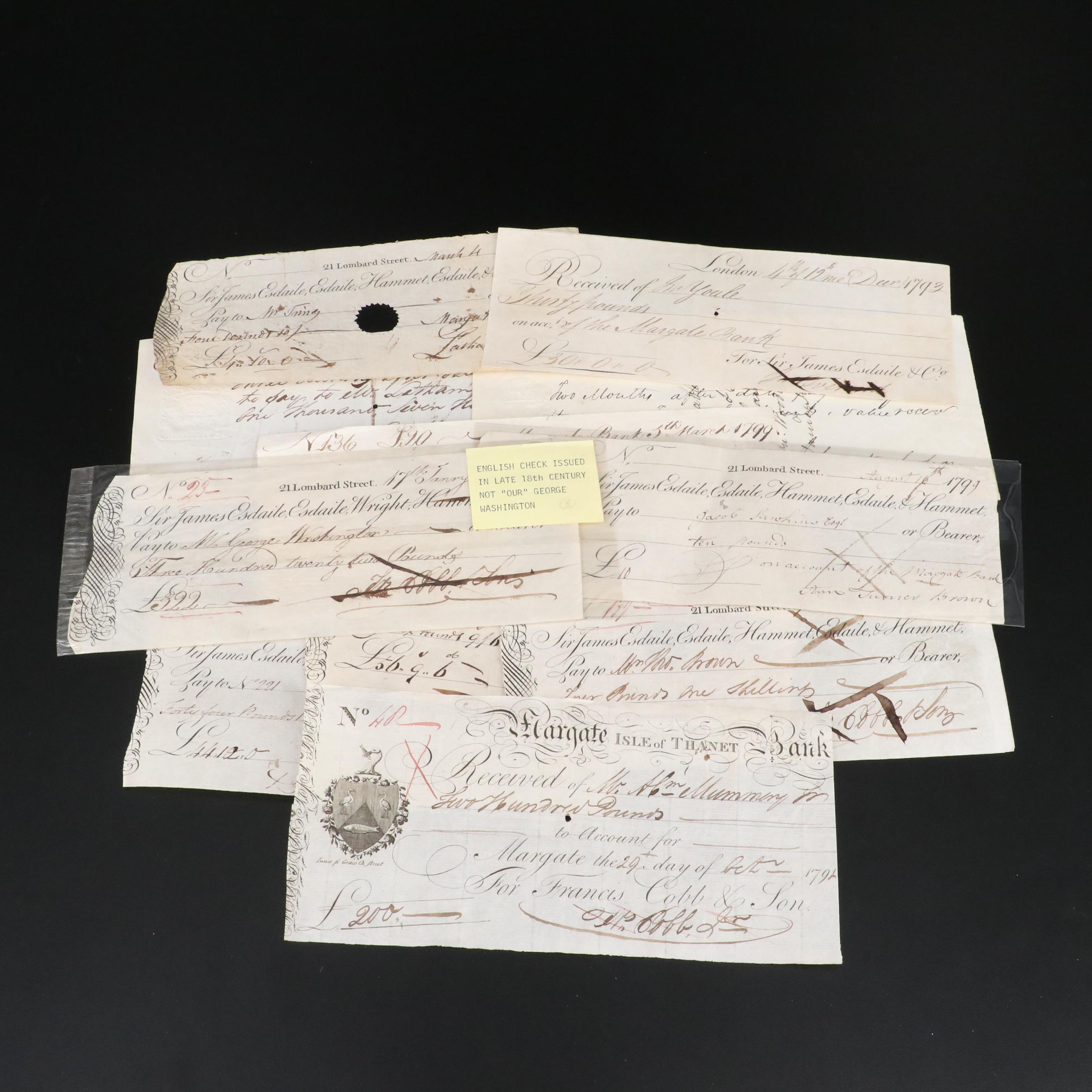 Twelve 18th Century English Checks and Banknotes