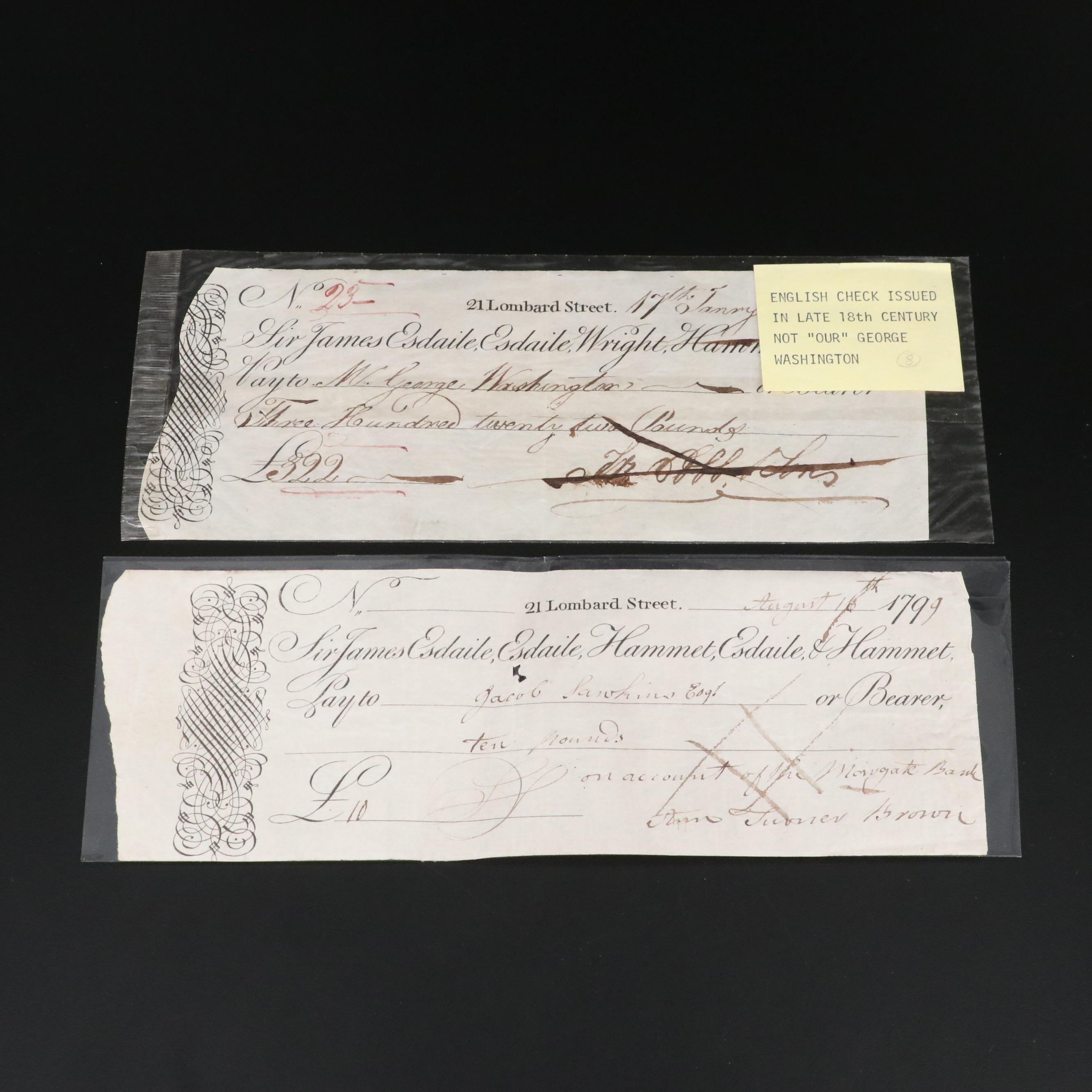 Twelve 18th Century English Checks and Banknotes