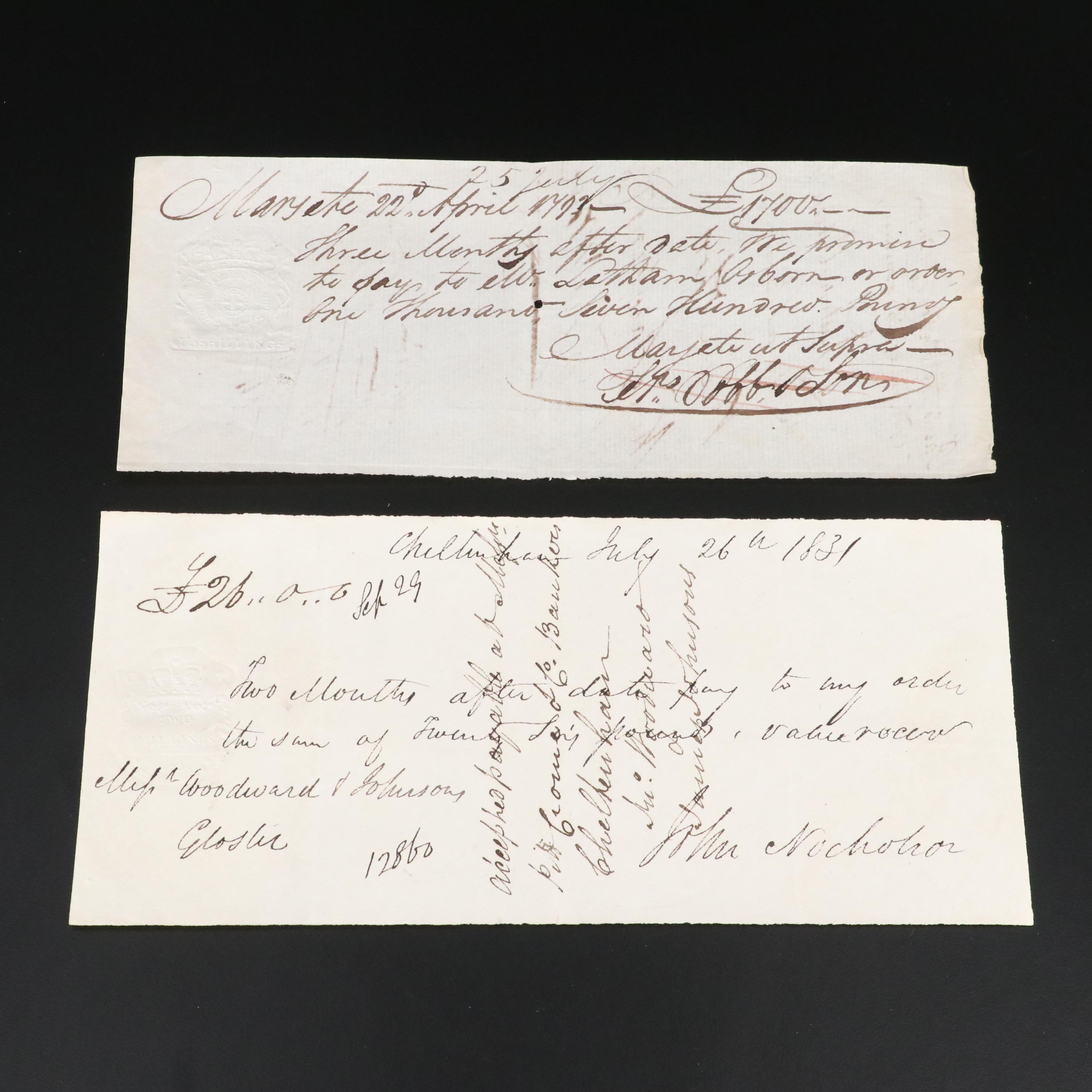 Twelve 18th Century English Checks and Banknotes