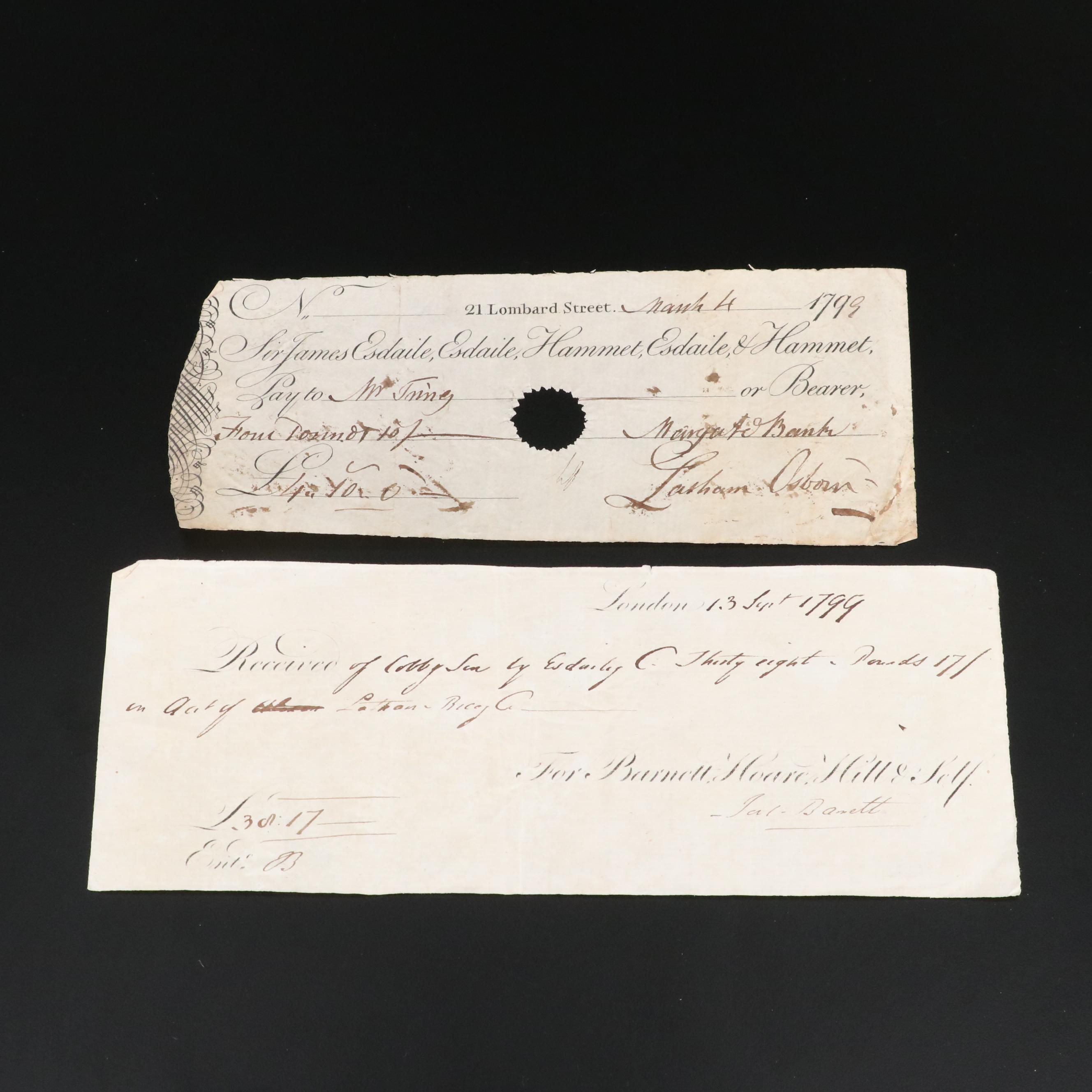 Twelve 18th Century English Checks and Banknotes