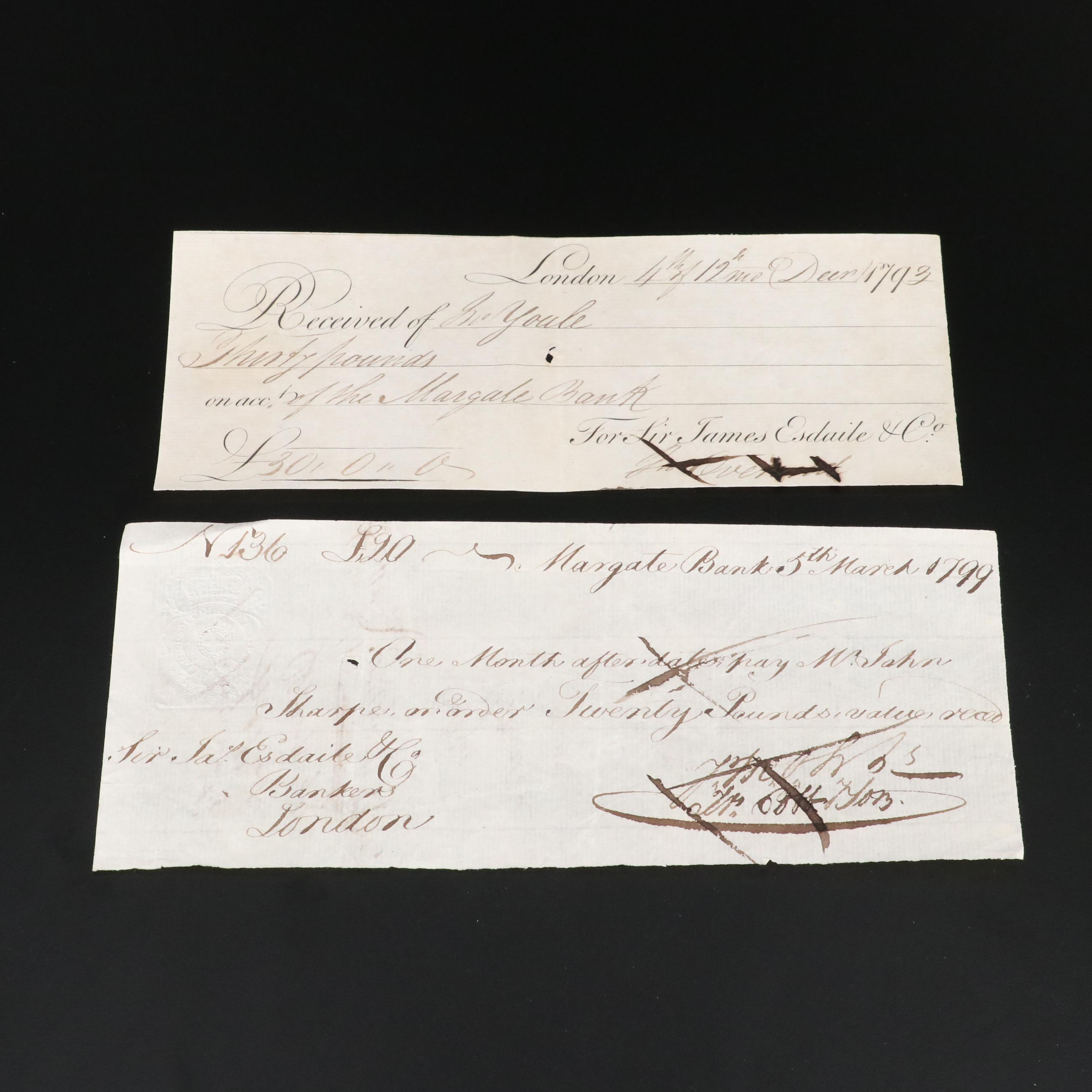 Twelve 18th Century English Checks and Banknotes