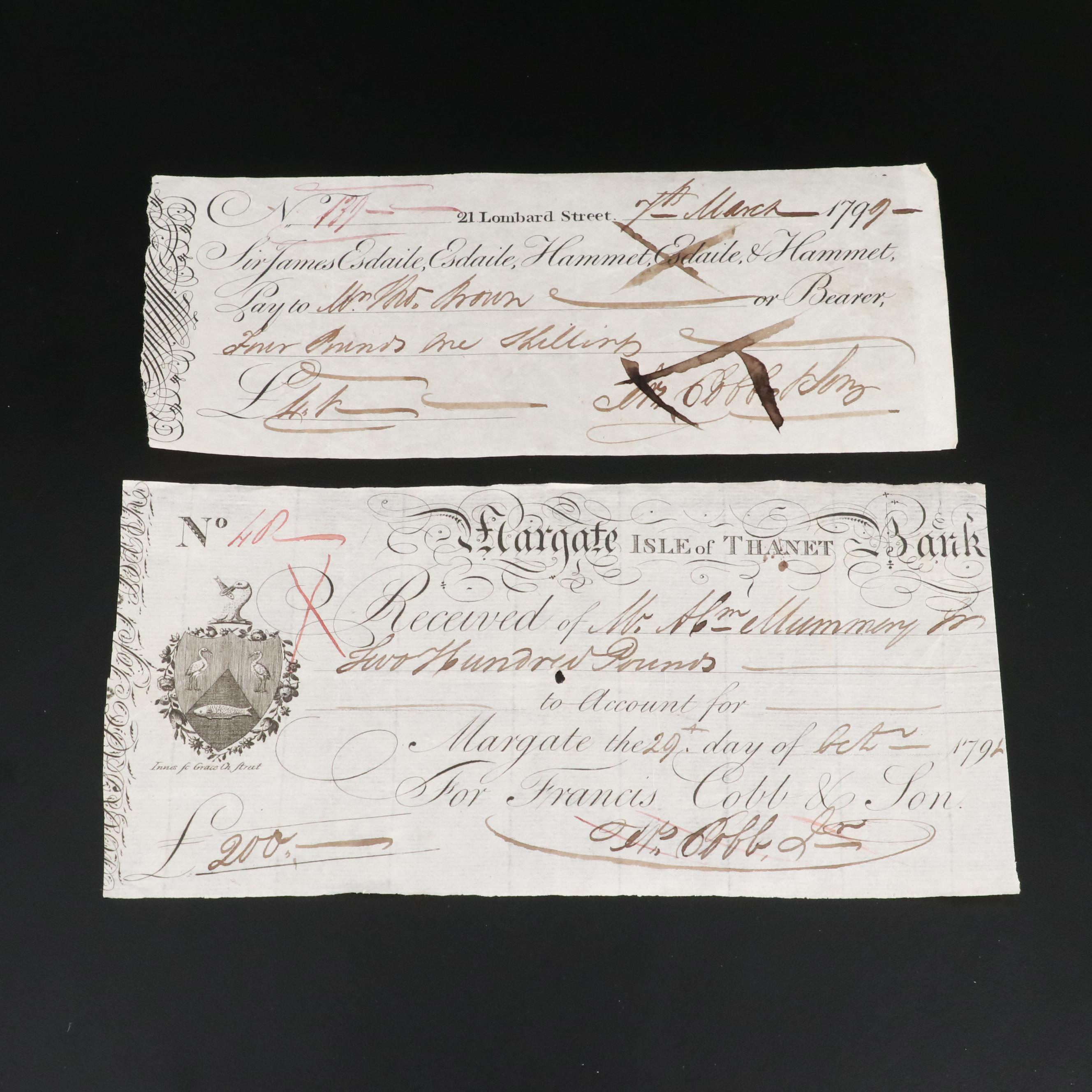 Twelve 18th Century English Checks and Banknotes