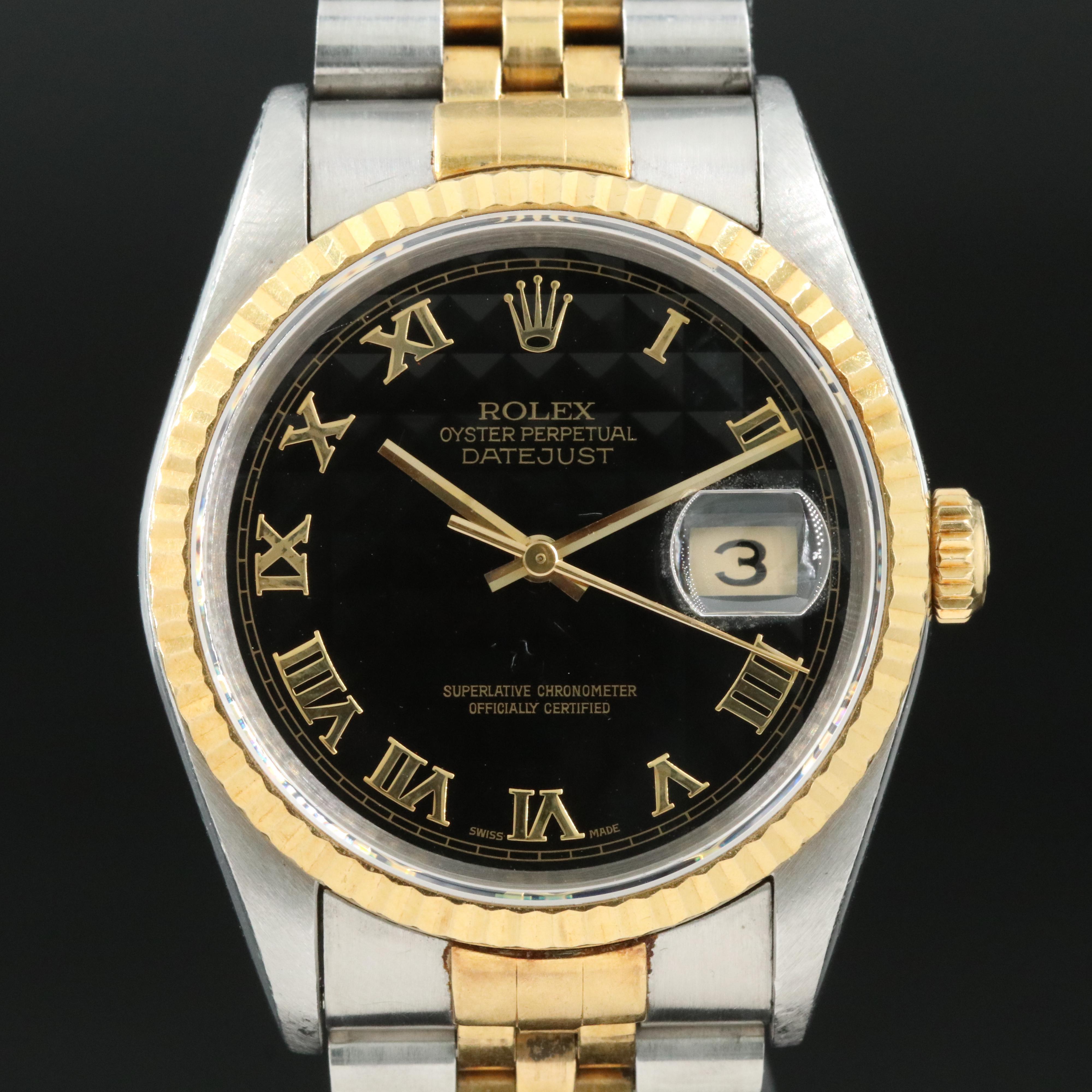 1991 Rolex Black Pyramid Roman Dial Datejust Watch