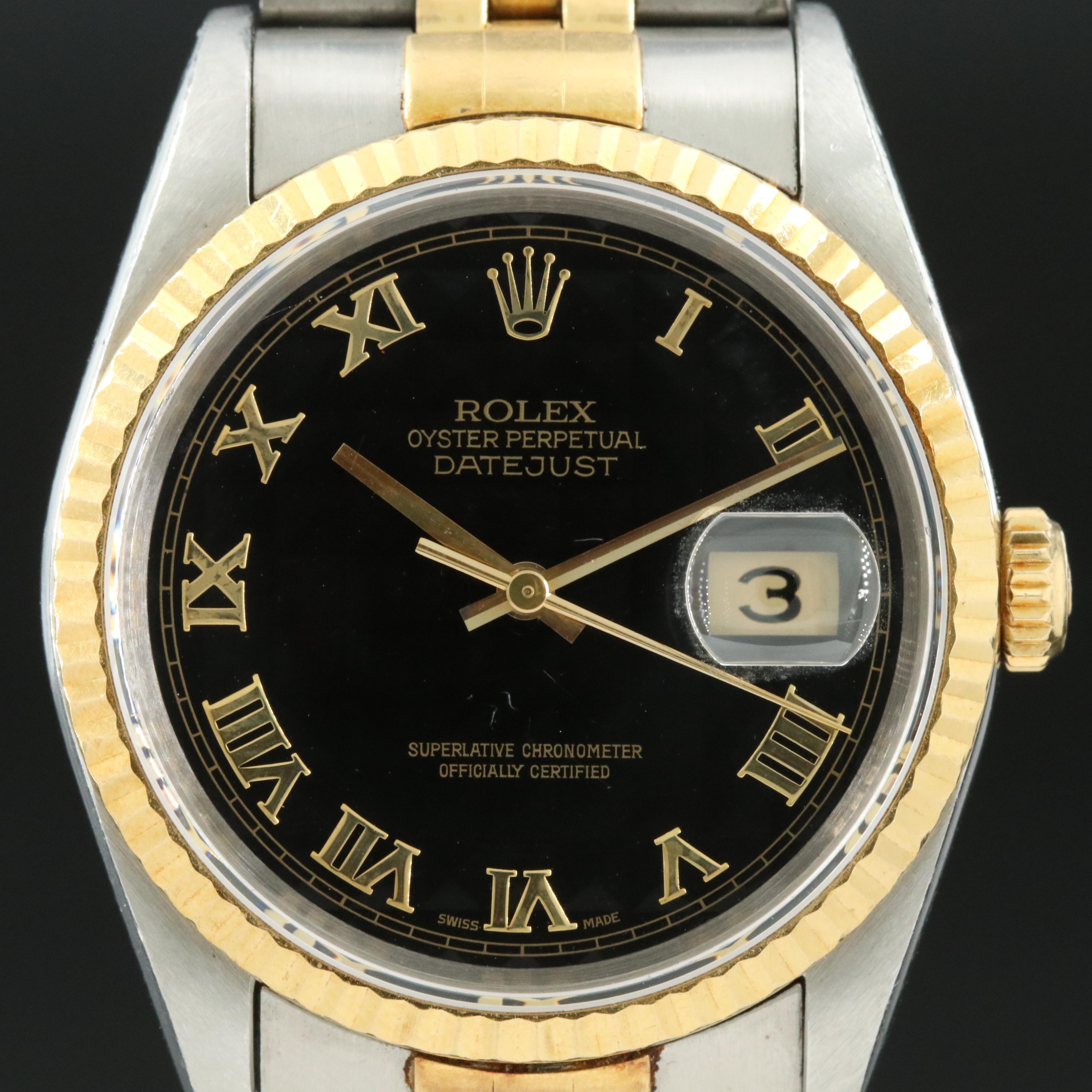 1991 Rolex Black Pyramid Roman Dial Datejust Watch