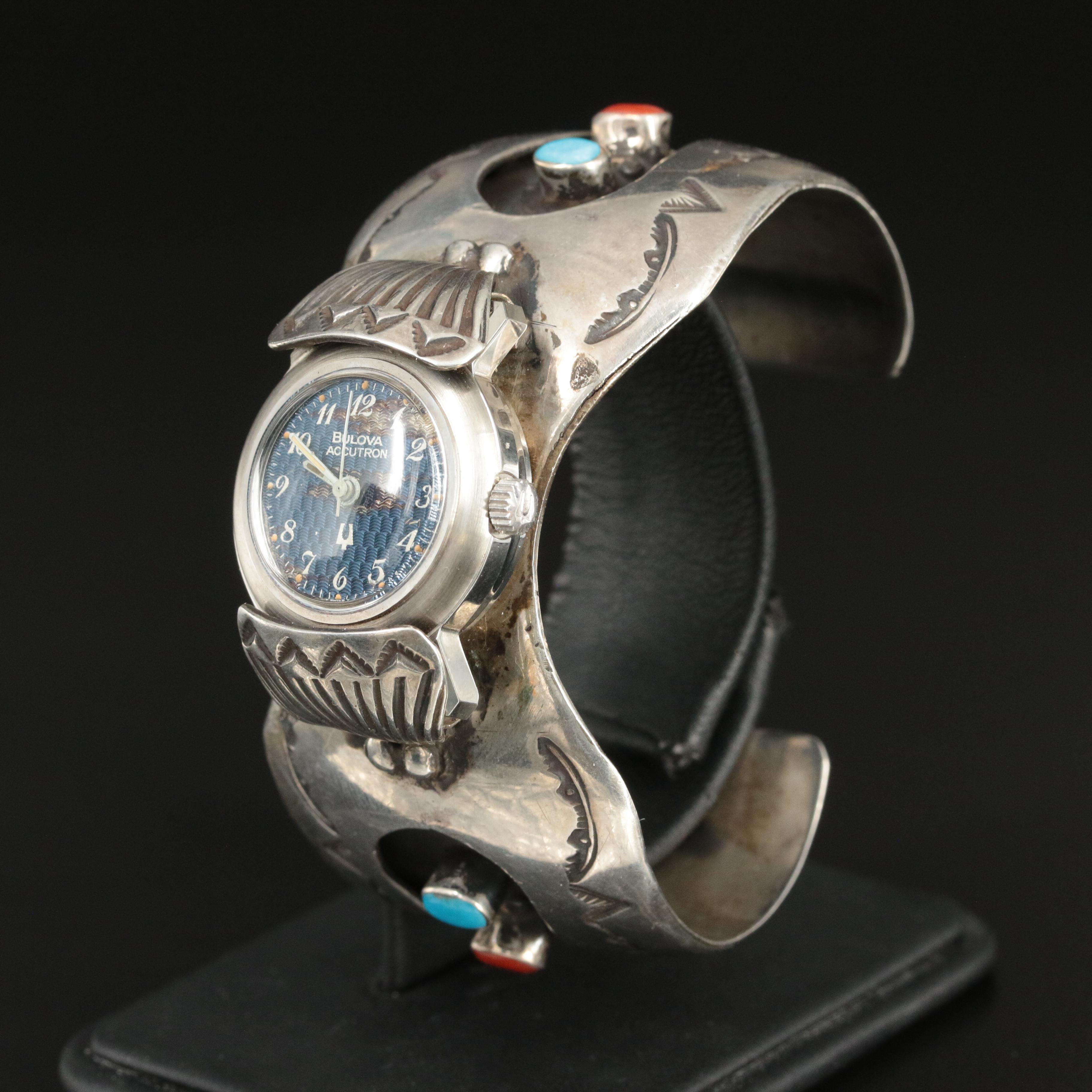 Bulova Accutron Watch in Southwestern Sterling Cuff with Turquoise and Jasper