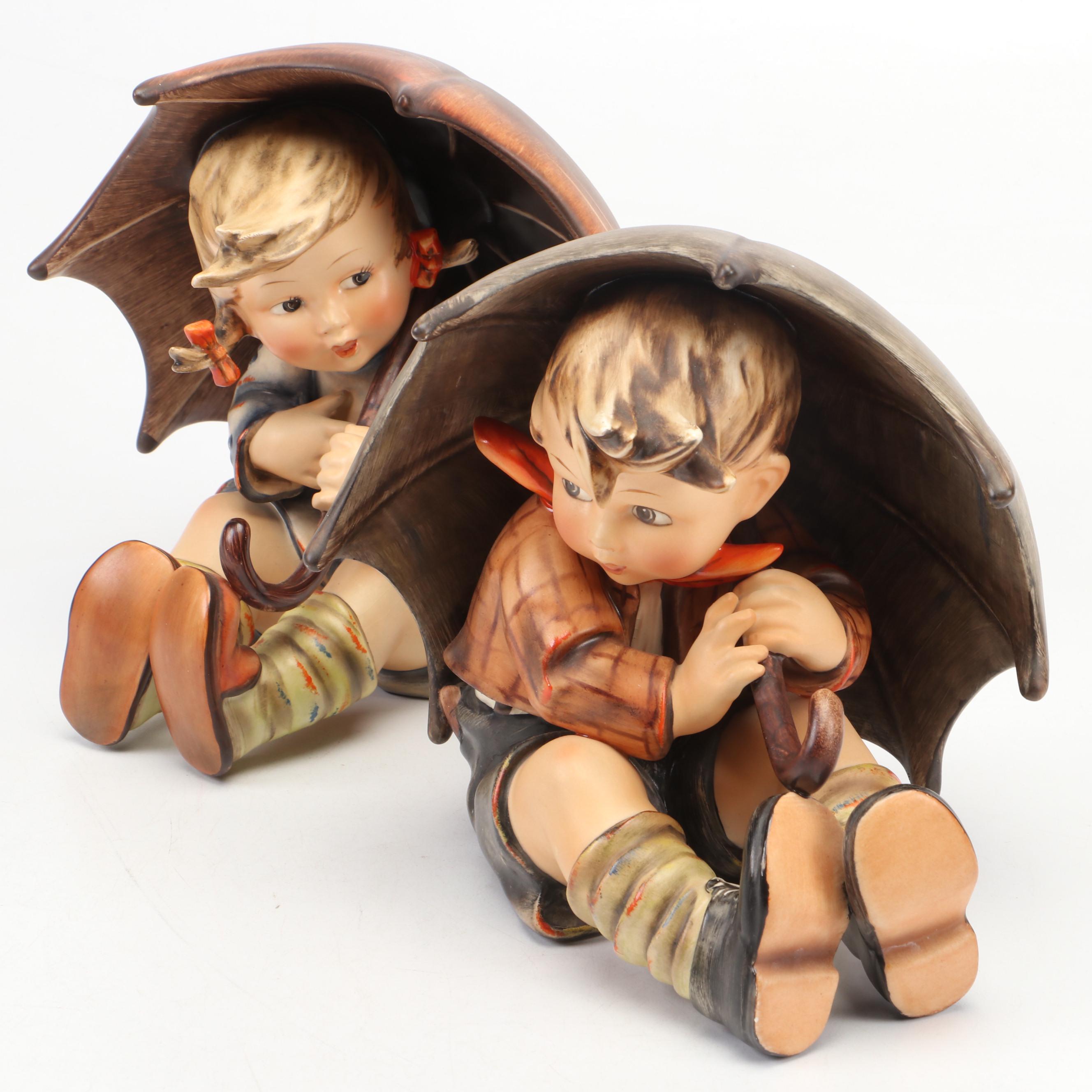 Goebel "Umbrella Boy" and "Umbrella Girl" Hummel Bookends, Full Bee Mark