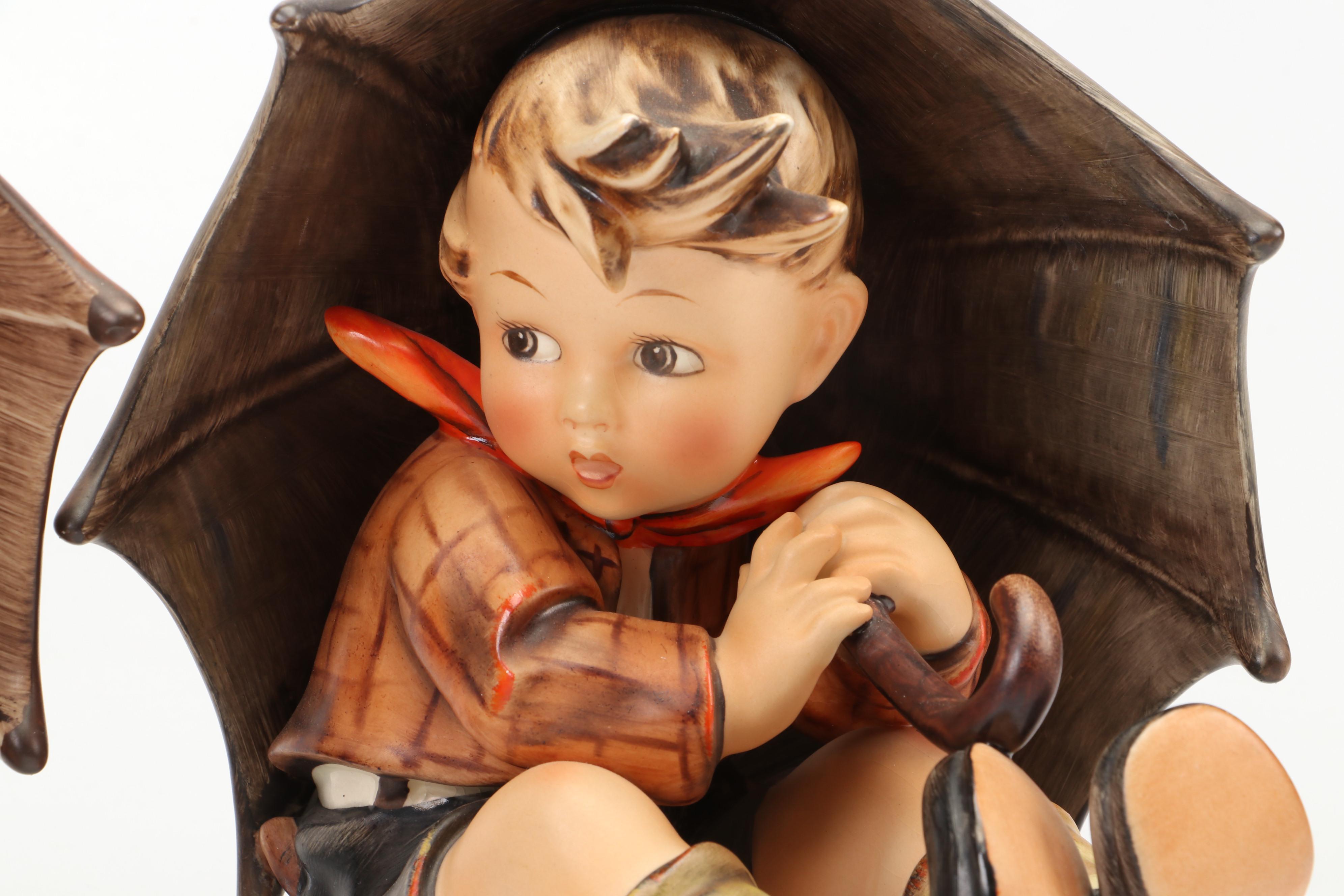 Goebel "Umbrella Boy" and "Umbrella Girl" Hummel Bookends, Full Bee Mark