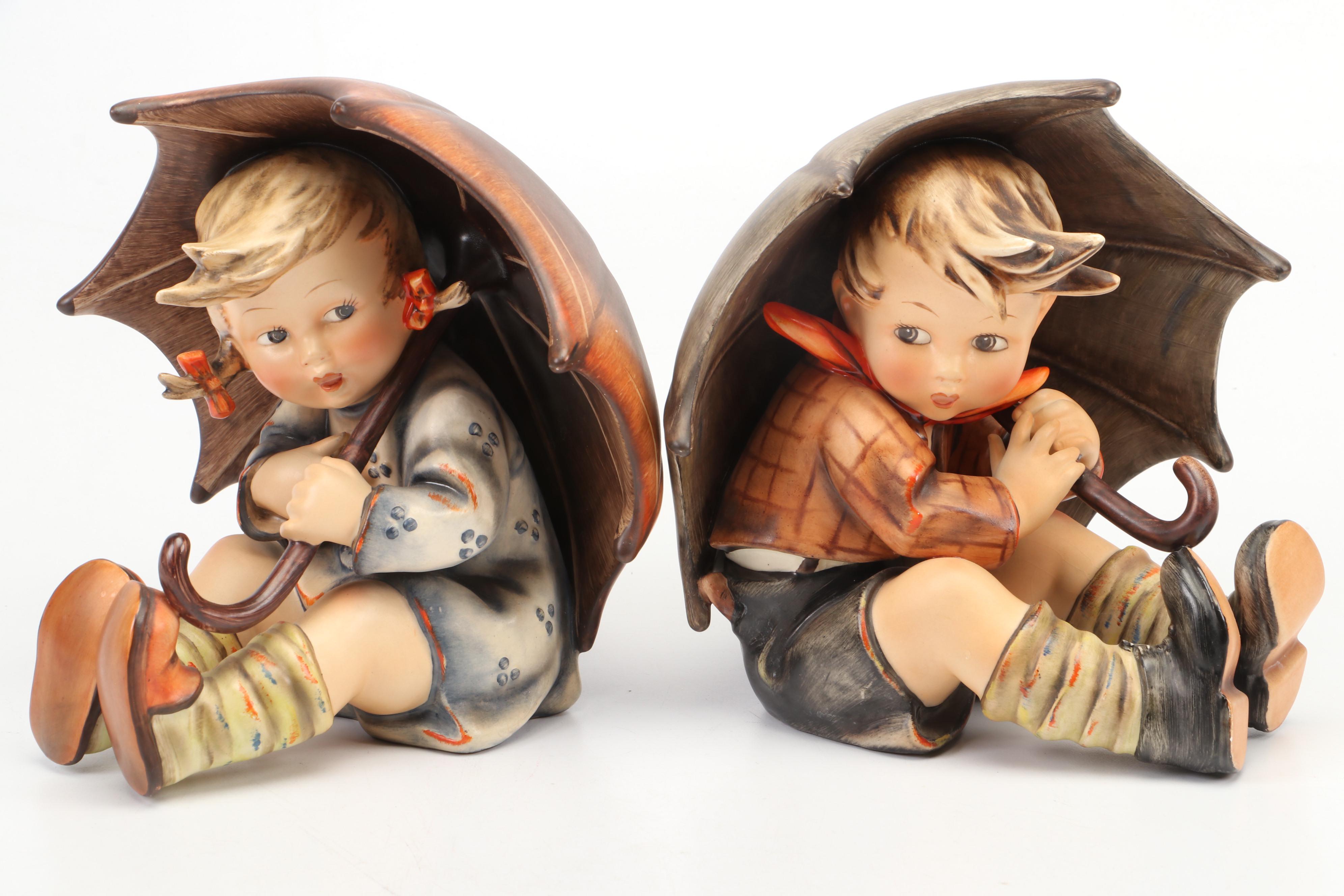 Goebel "Umbrella Boy" and "Umbrella Girl" Hummel Bookends, Full Bee Mark