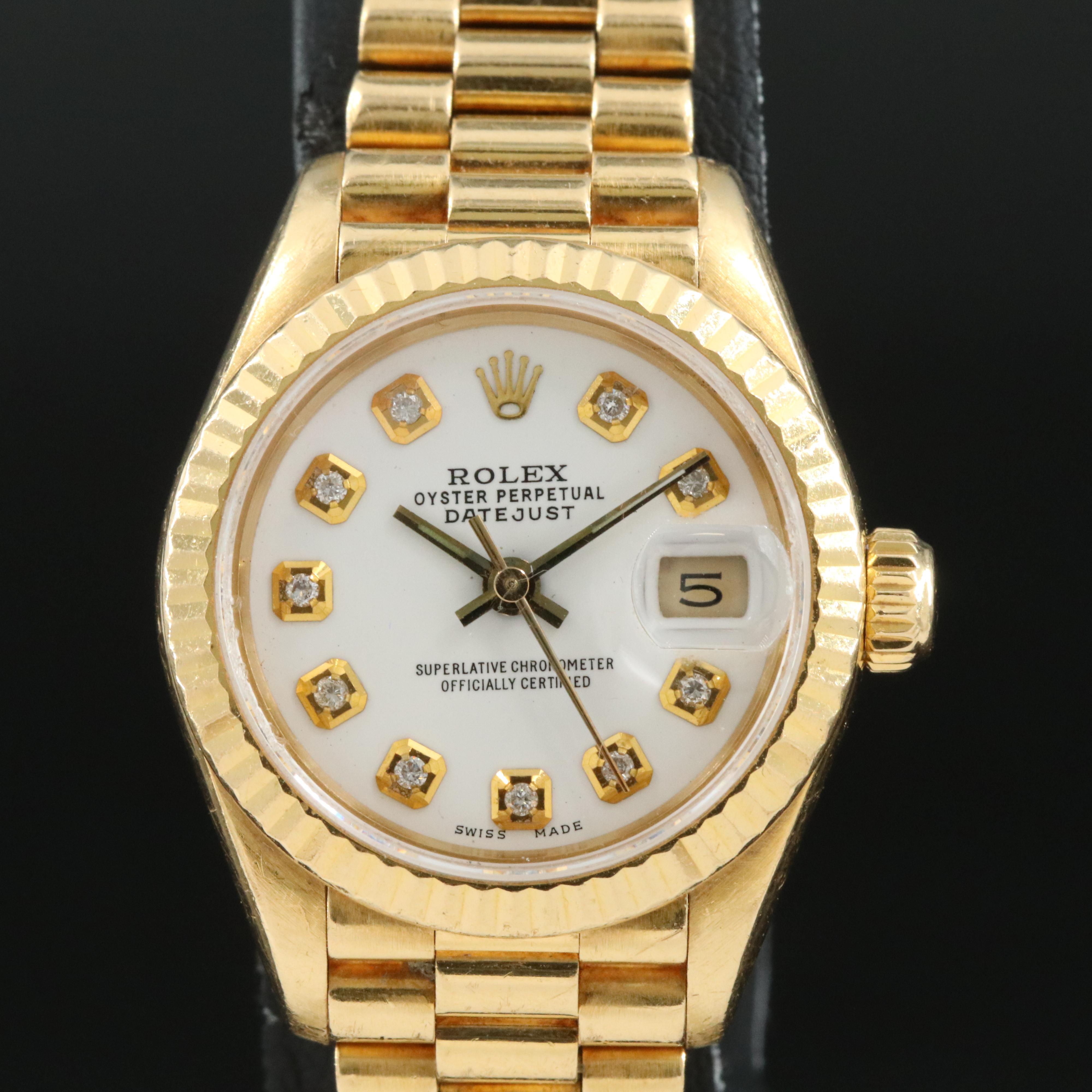 1990 Rolex 18K Custom Diamond Dial Datejust President Band Watch
