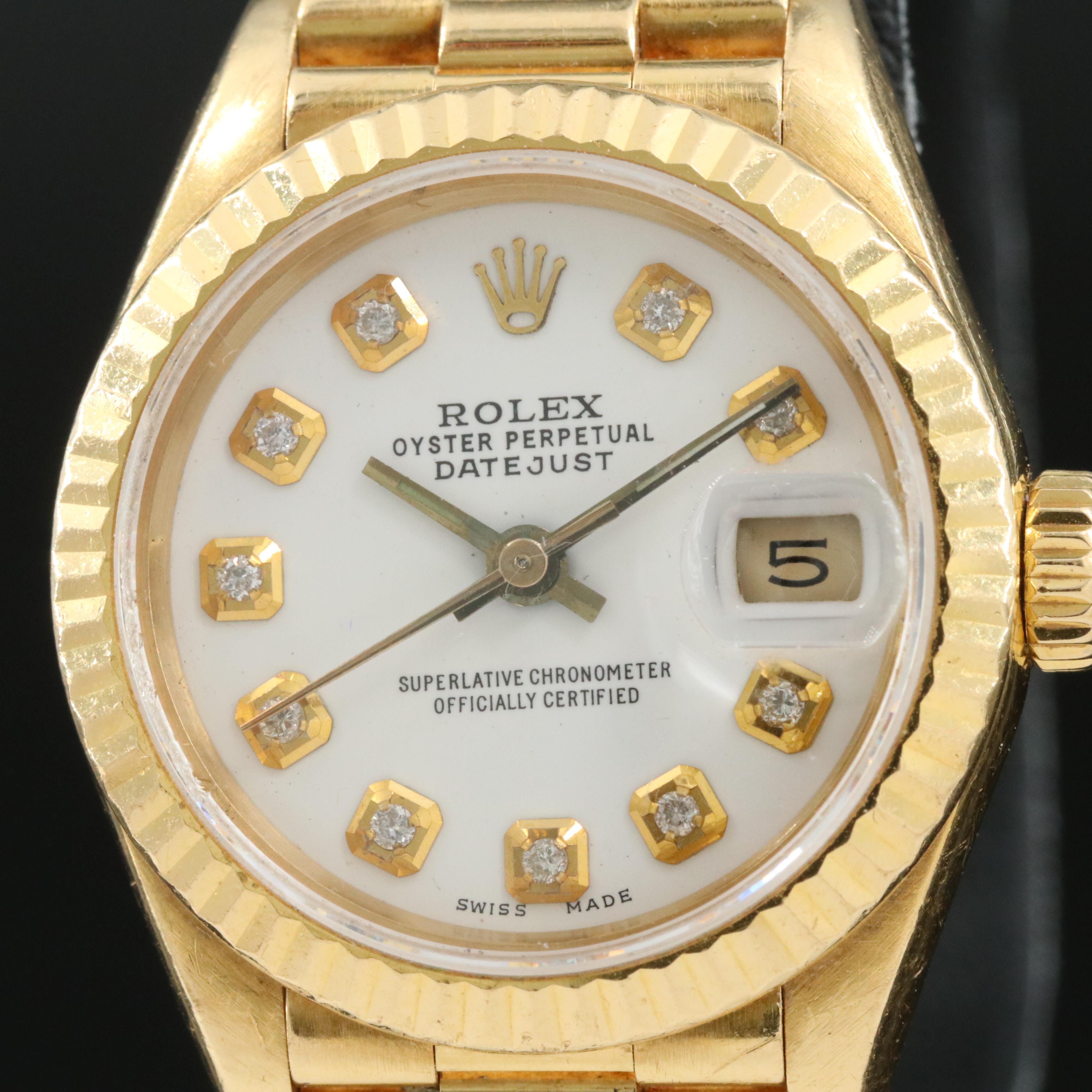 1990 Rolex 18K Custom Diamond Dial Datejust President Band Watch