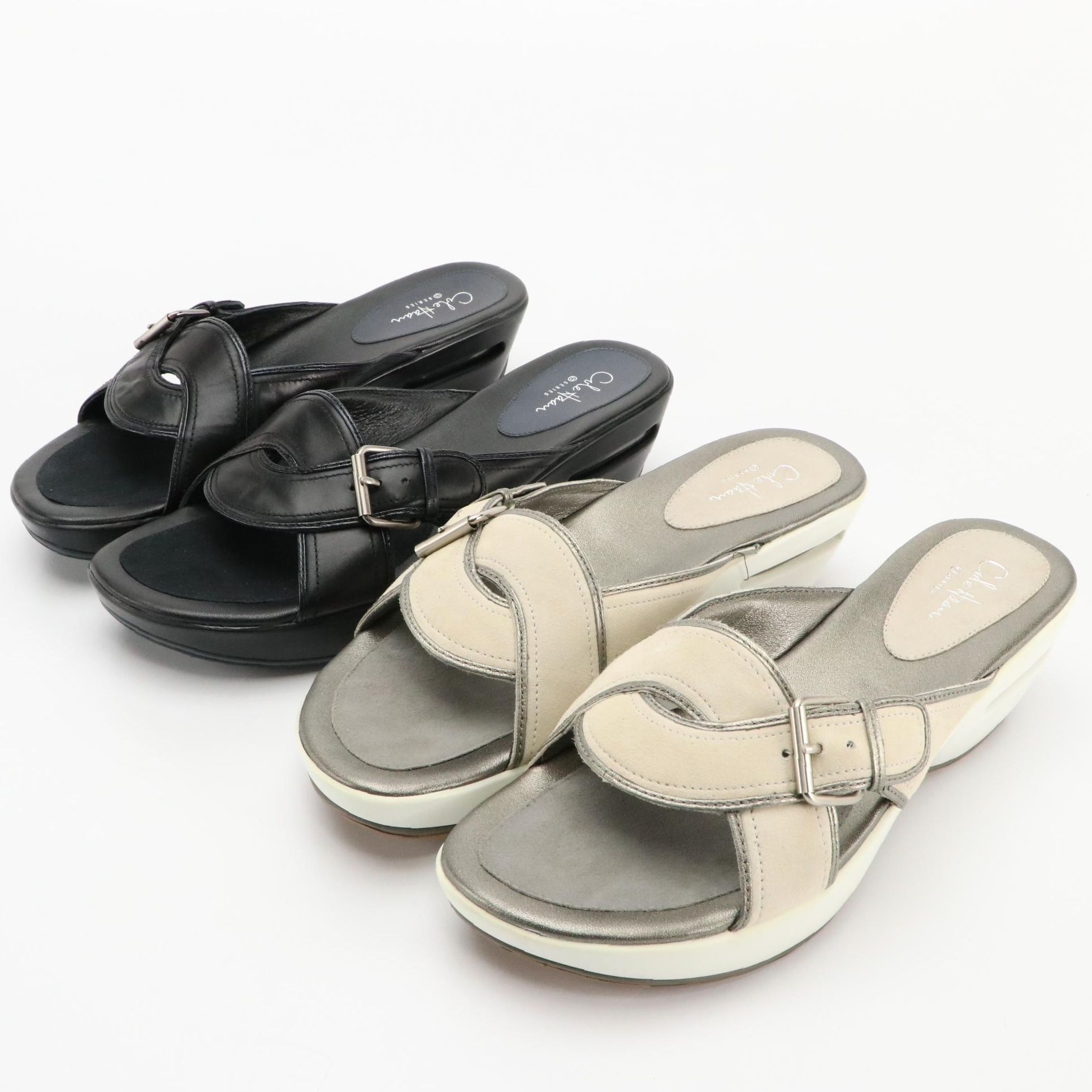 Cole Haan Air Darby Slides in Black Leather and Pearl Grey Suede with Boxes