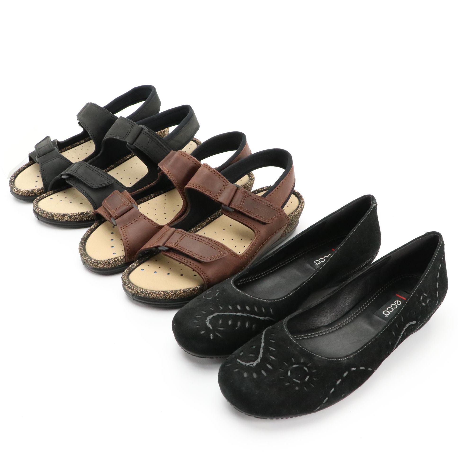 ECCO® Black Suede Casual Flats and Brown and Black Leather Sandals with Boxes