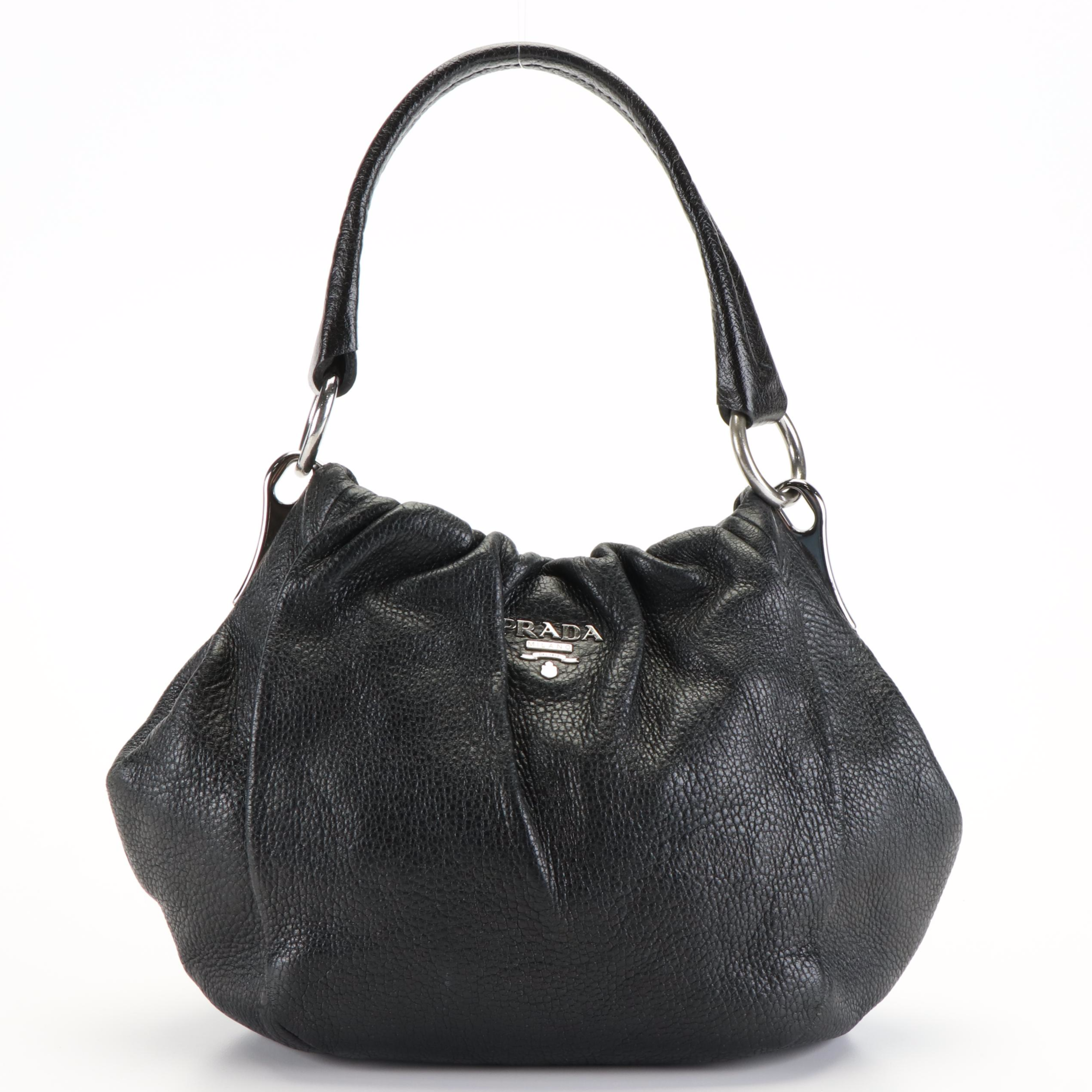 Prada Shoulder Bag in Black Pleated Grained Leather