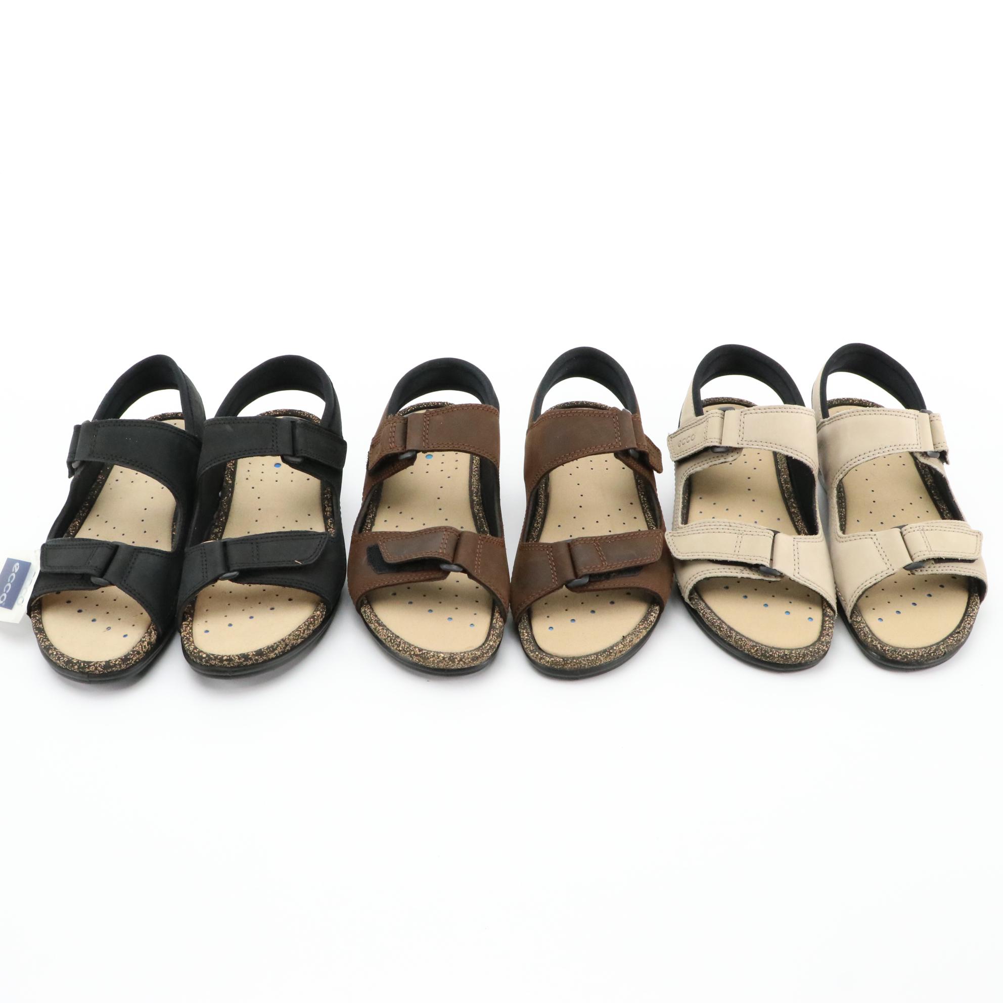 ECCO® Cosmo II Sandals in Black, Brown & Taupe Nubuck Leather, New in Boxes