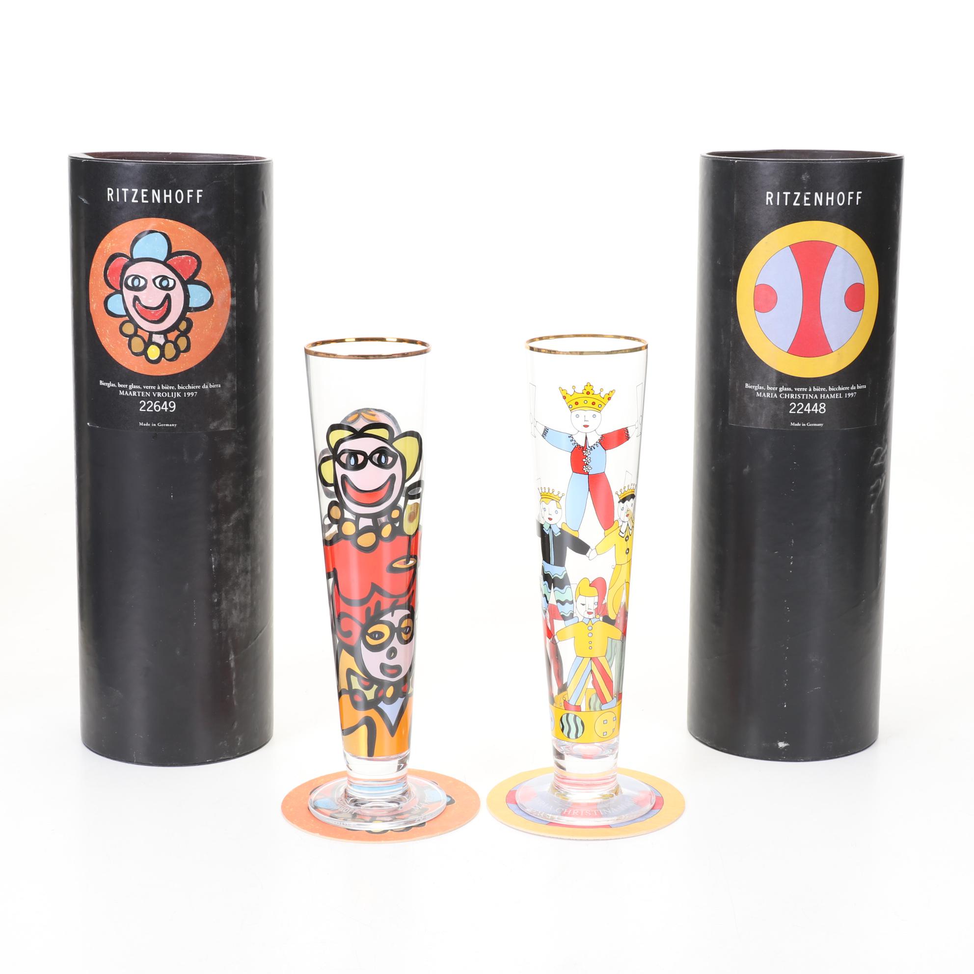 Ritzenhoff Designer Art Beer Glasses With Signed Coasters and Boxes, 1995-1998