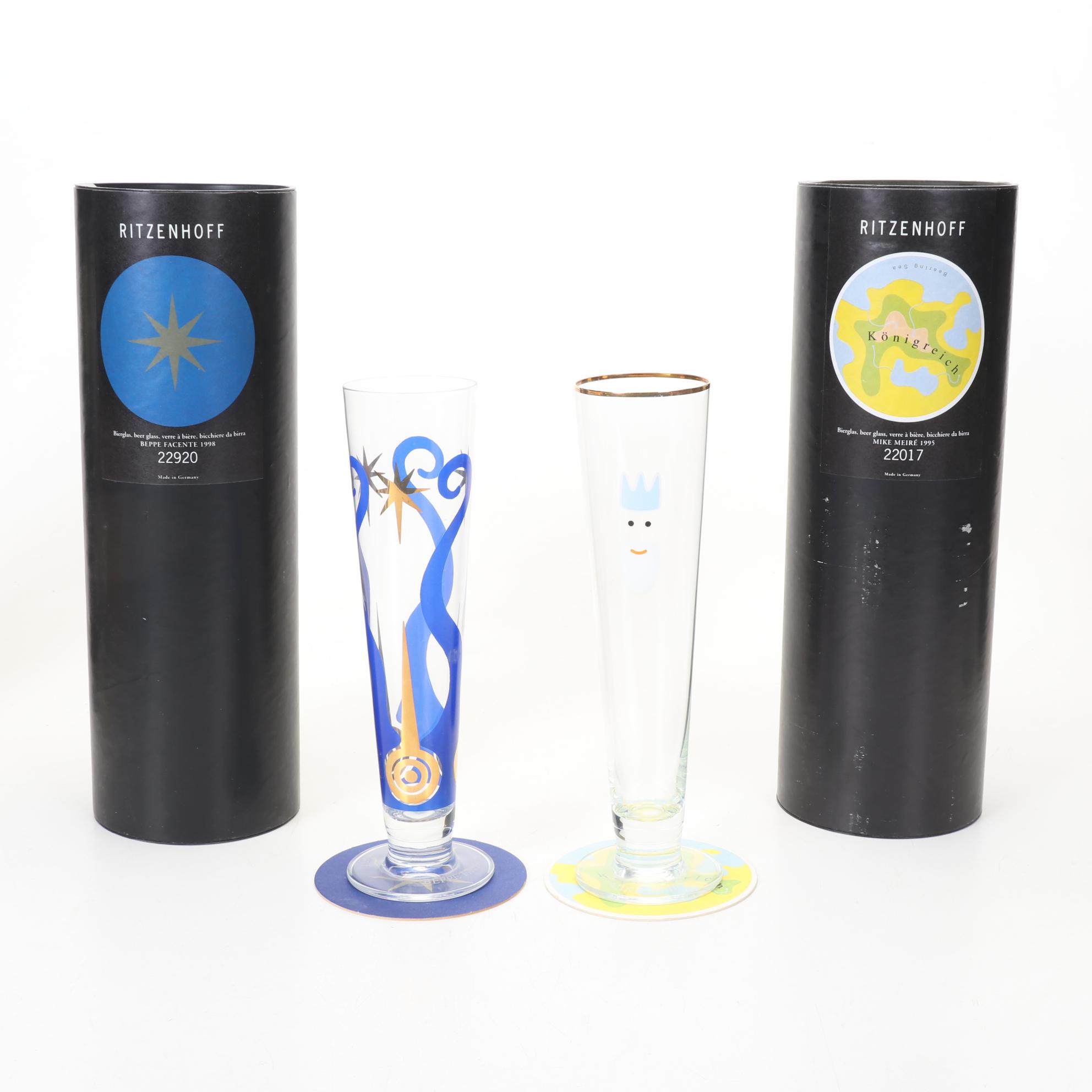 Ritzenhoff Designer Art Beer Glasses With Signed Coasters and Boxes, 1995-1998