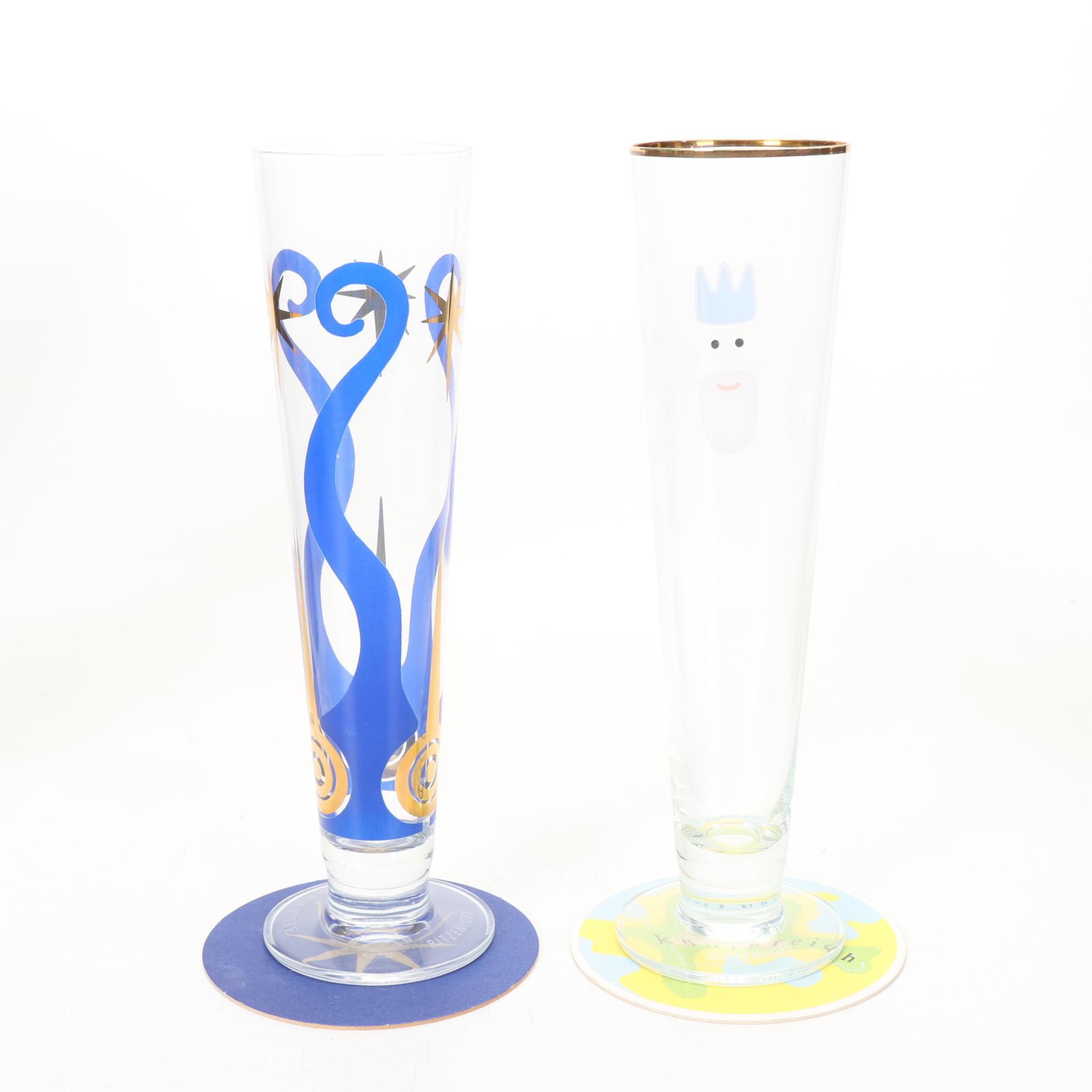 Ritzenhoff Designer Art Beer Glasses With Signed Coasters and Boxes, 1995-1998