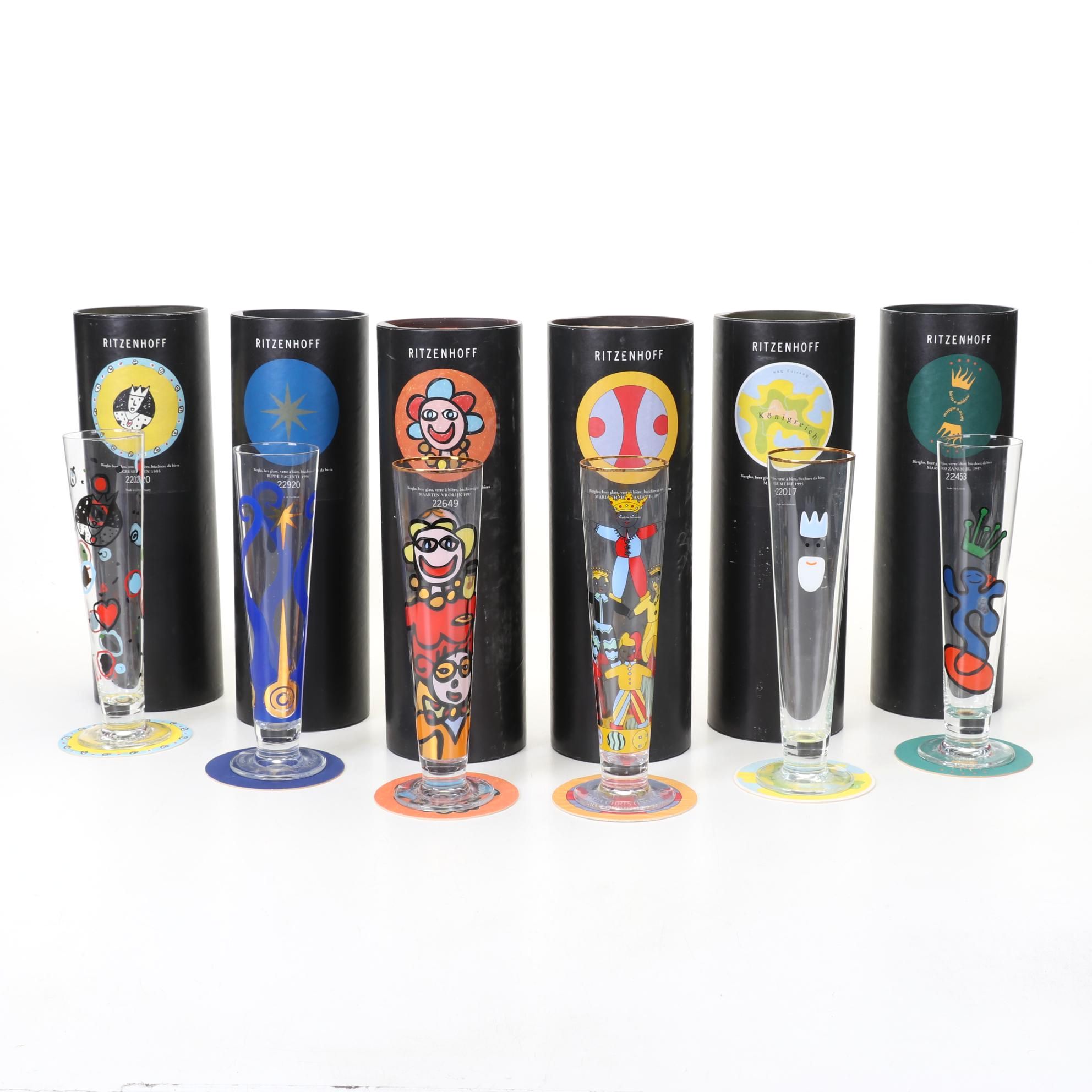 Ritzenhoff Designer Art Beer Glasses With Signed Coasters and Boxes, 1995-1998