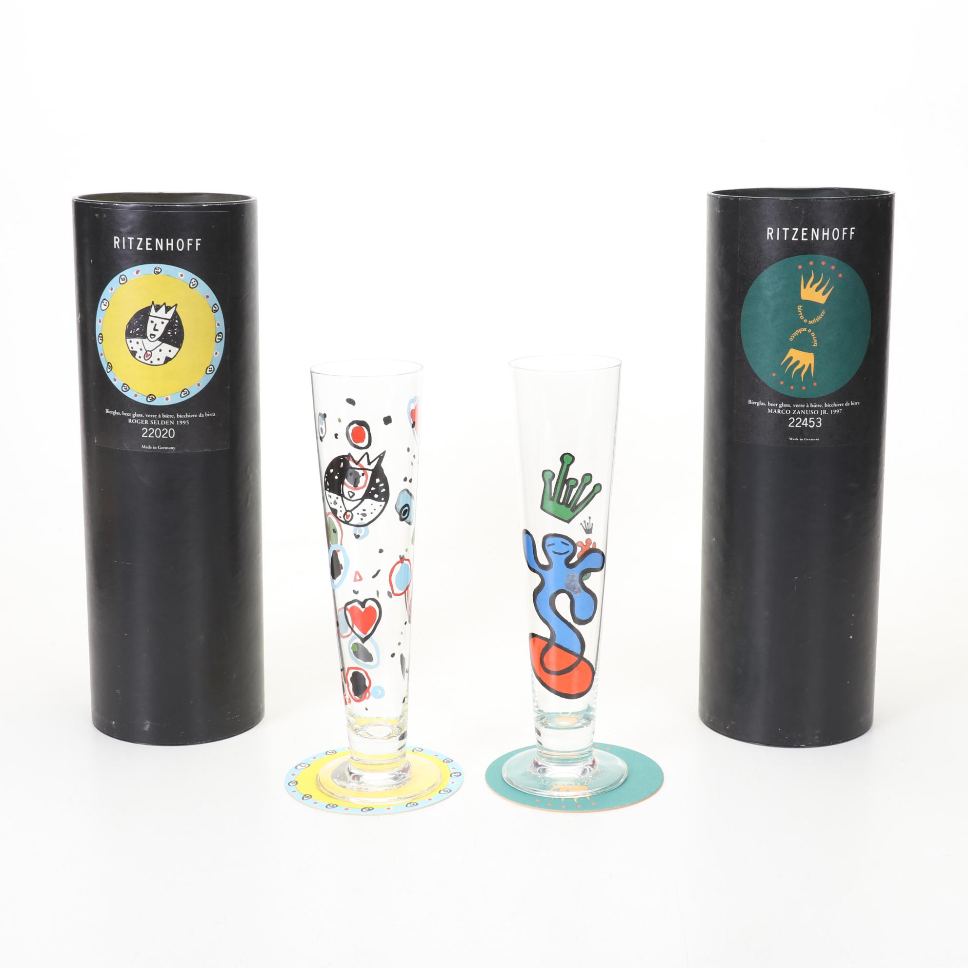 Ritzenhoff Designer Art Beer Glasses With Signed Coasters and Boxes, 1995-1998