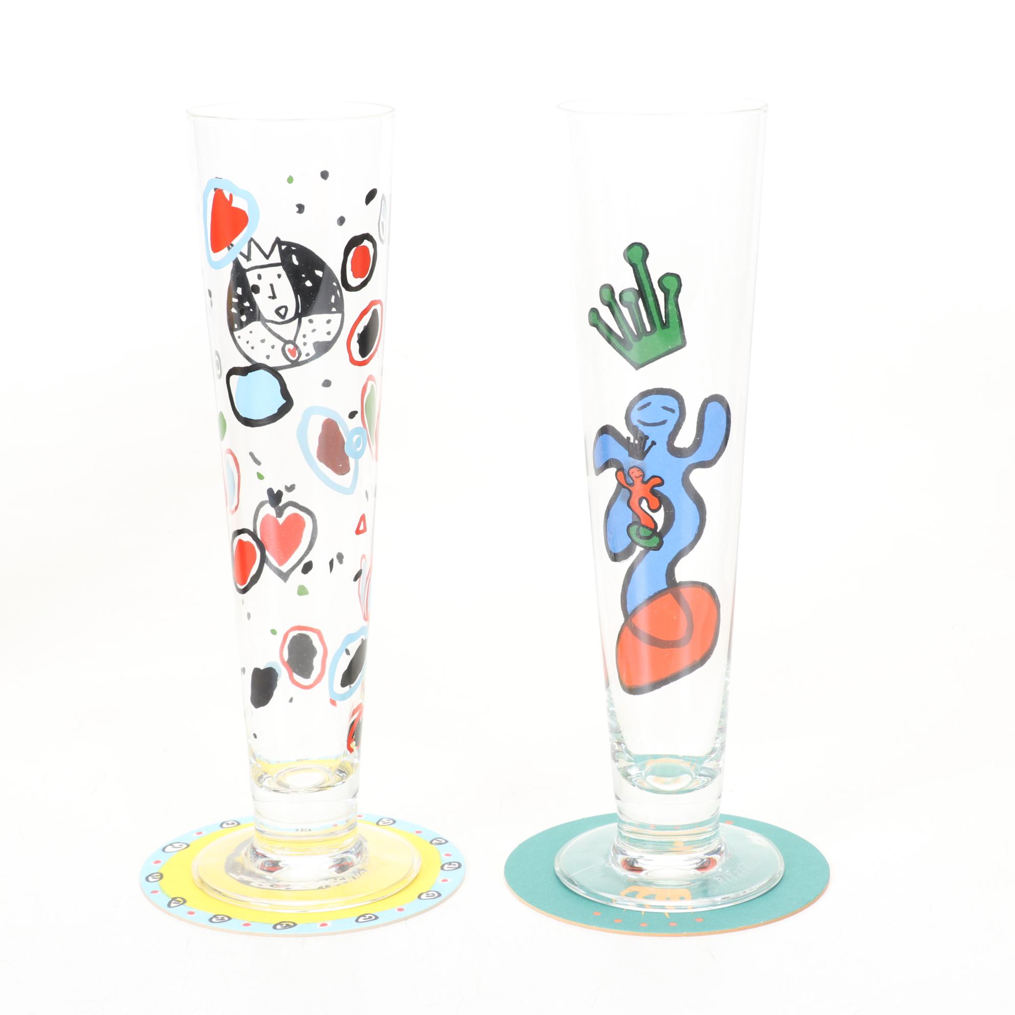 Ritzenhoff Designer Art Beer Glasses With Signed Coasters and Boxes, 1995-1998