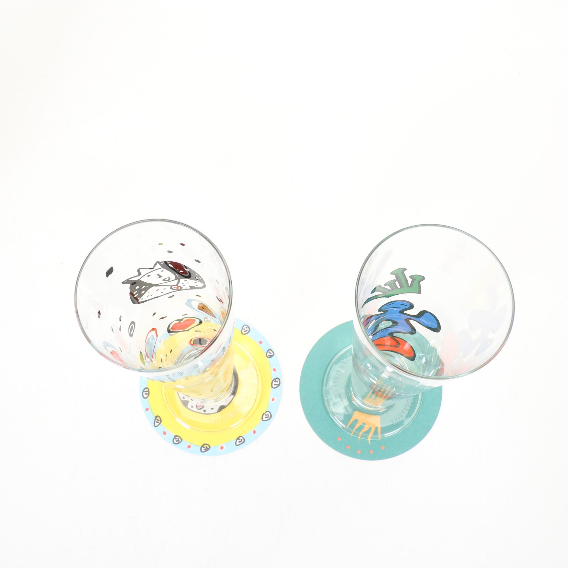 Ritzenhoff Designer Art Beer Glasses With Signed Coasters and Boxes, 1995-1998