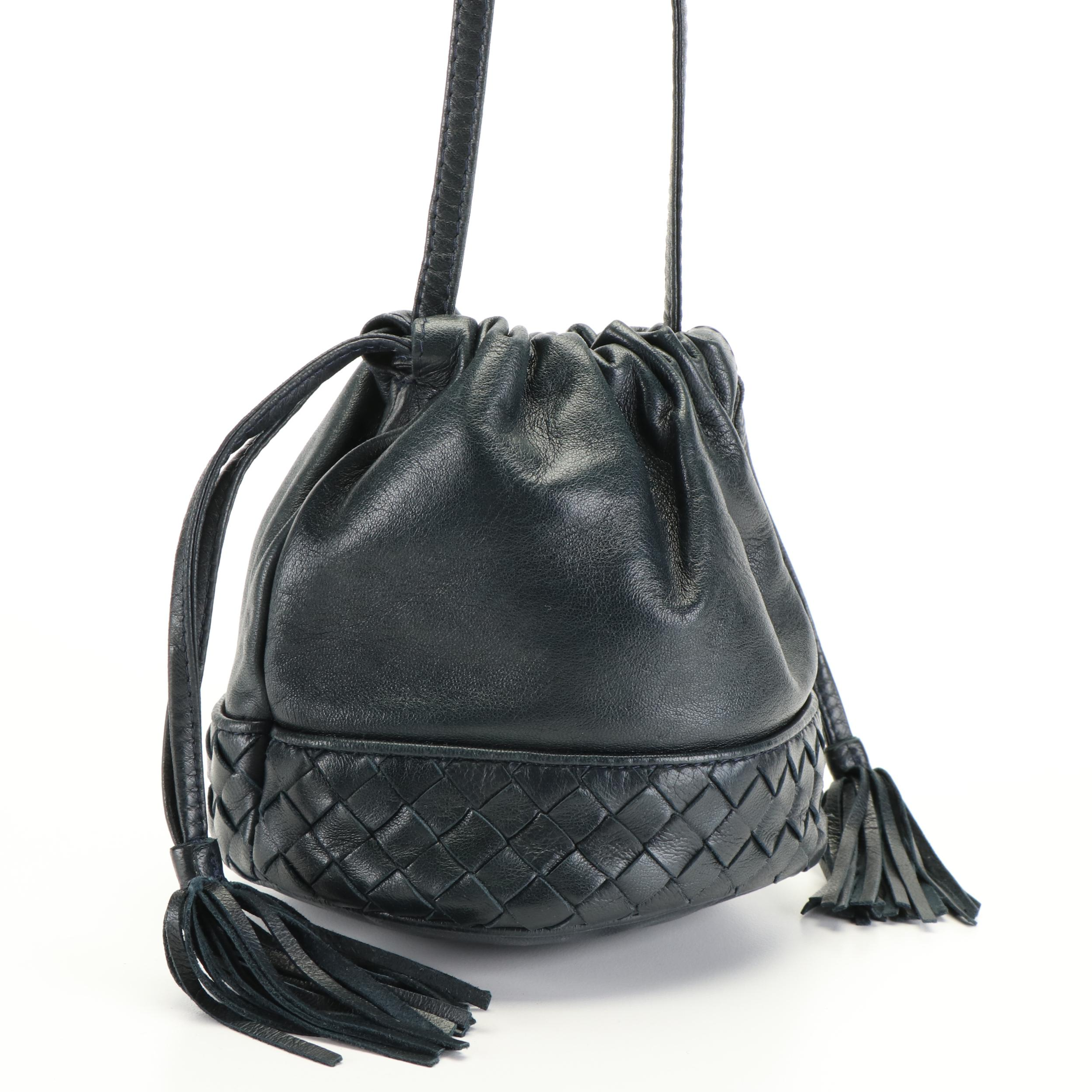Bottega Veneta Mini Drawstring Bag with Tassels in Black Intrecciato Leather