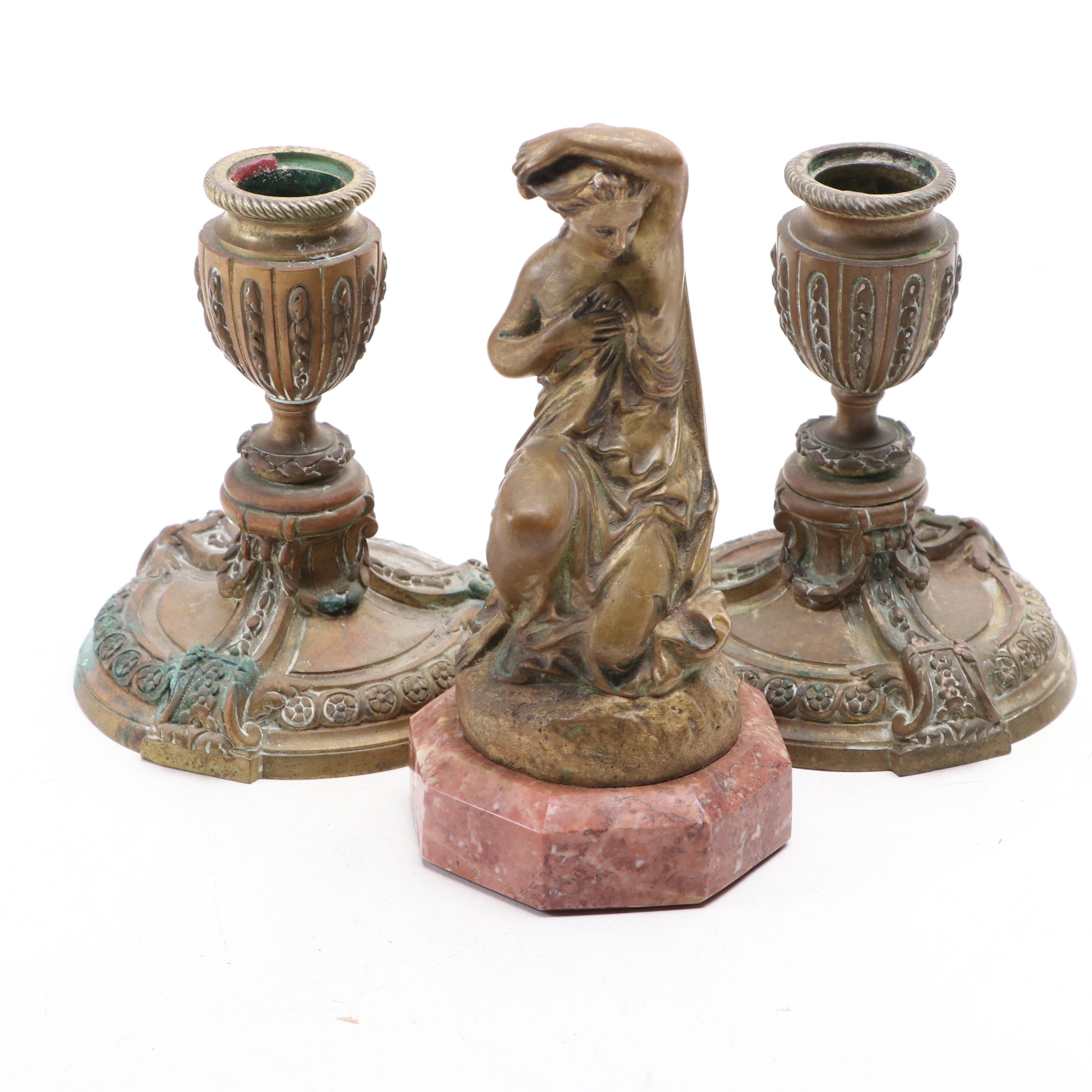 French Bathing Venus Sculpture after Leveque with Other Candlesticks