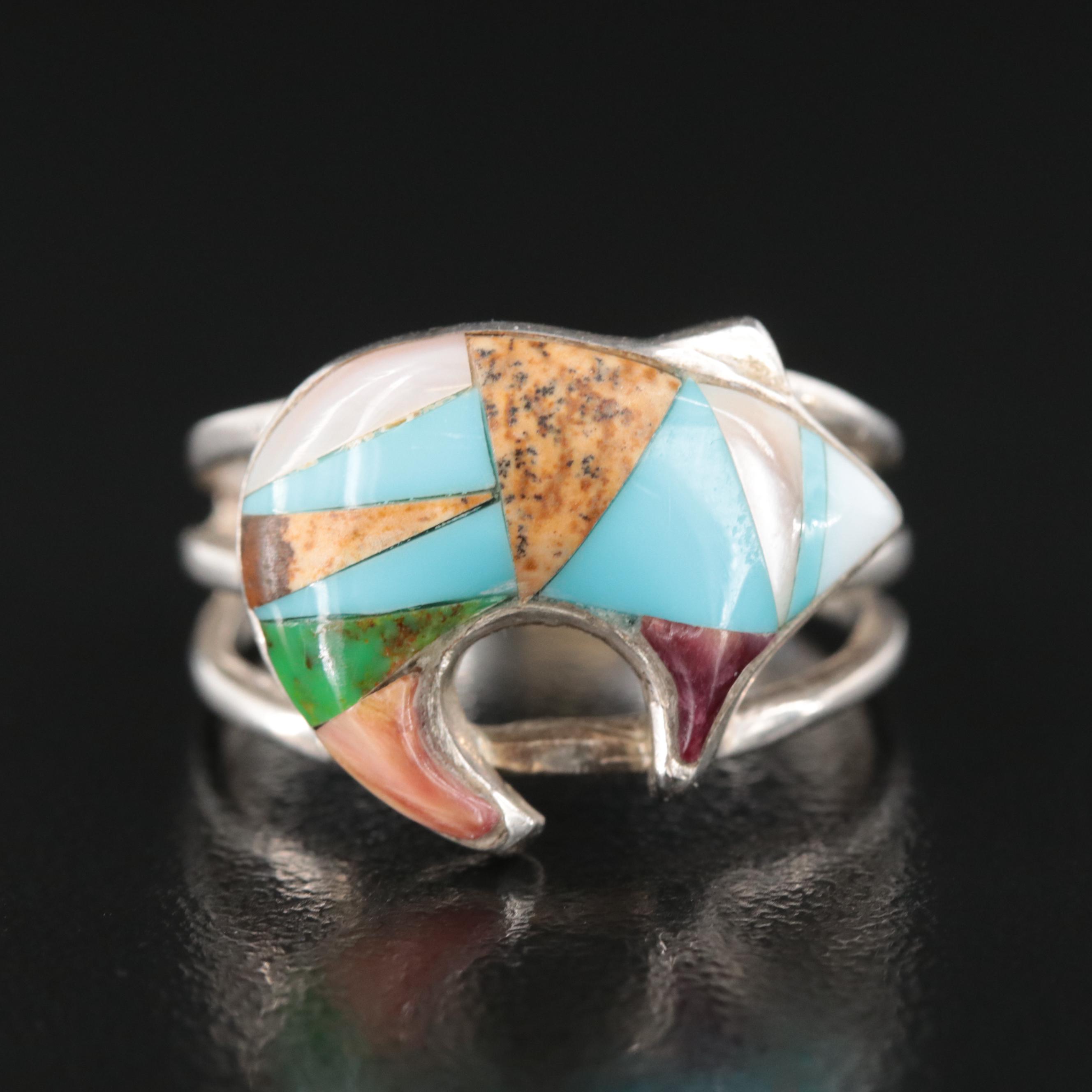 Sterling Jasper, Mother of Pearl, and Faux Turquoise Inlay Fetish Bear Ring