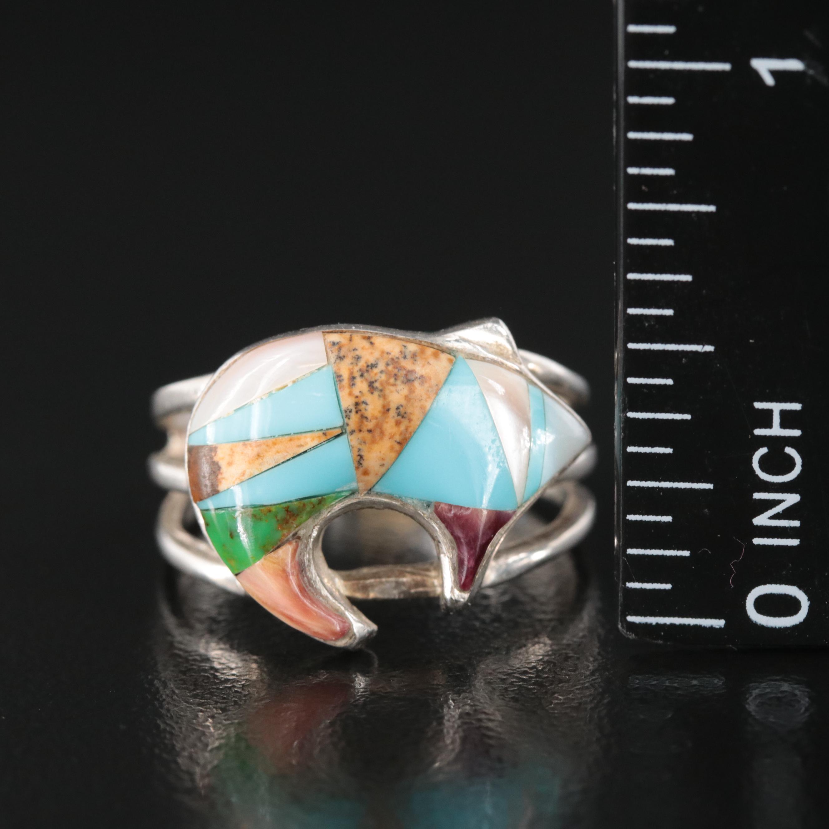 Sterling Jasper, Mother of Pearl, and Faux Turquoise Inlay Fetish Bear Ring