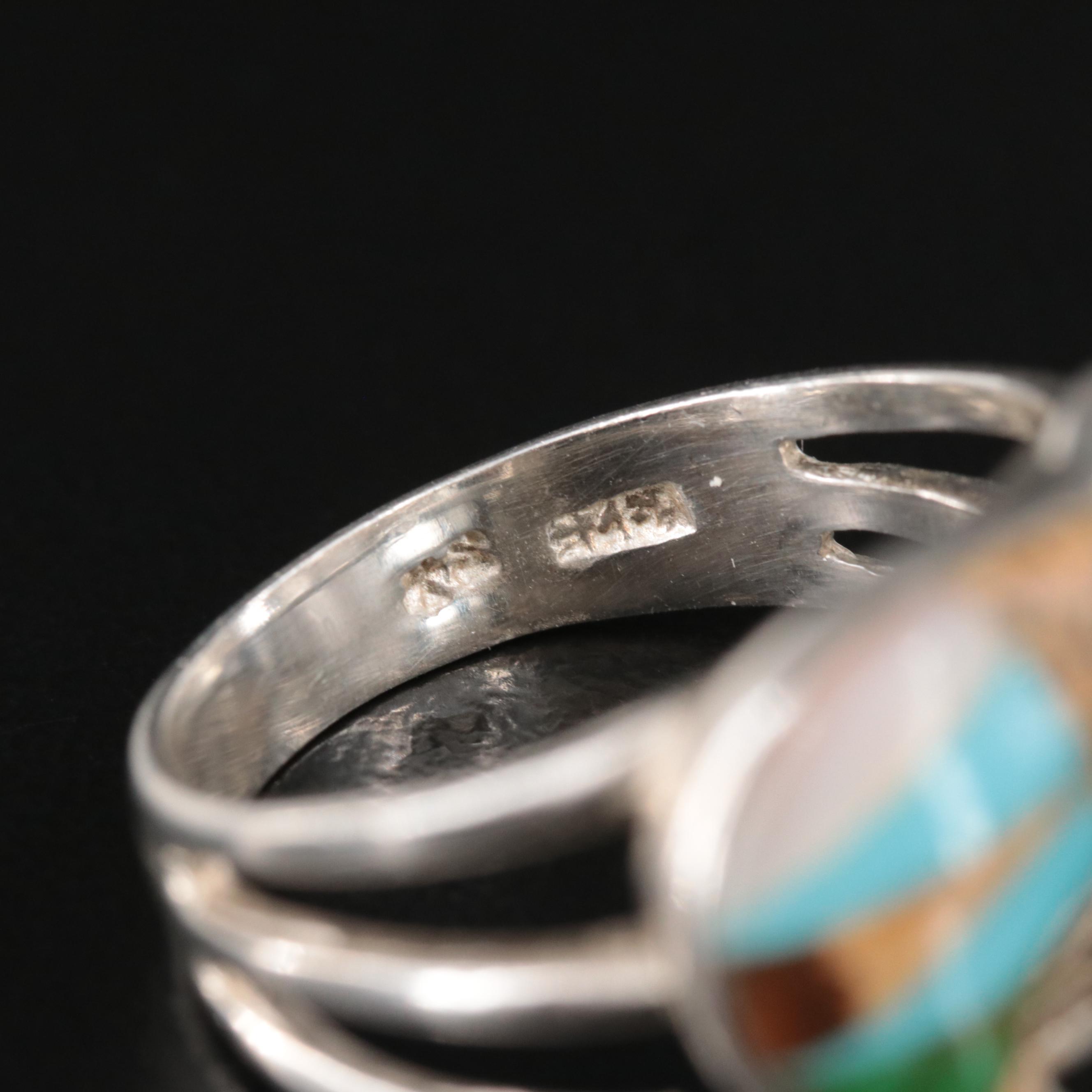 Sterling Jasper, Mother of Pearl, and Faux Turquoise Inlay Fetish Bear Ring