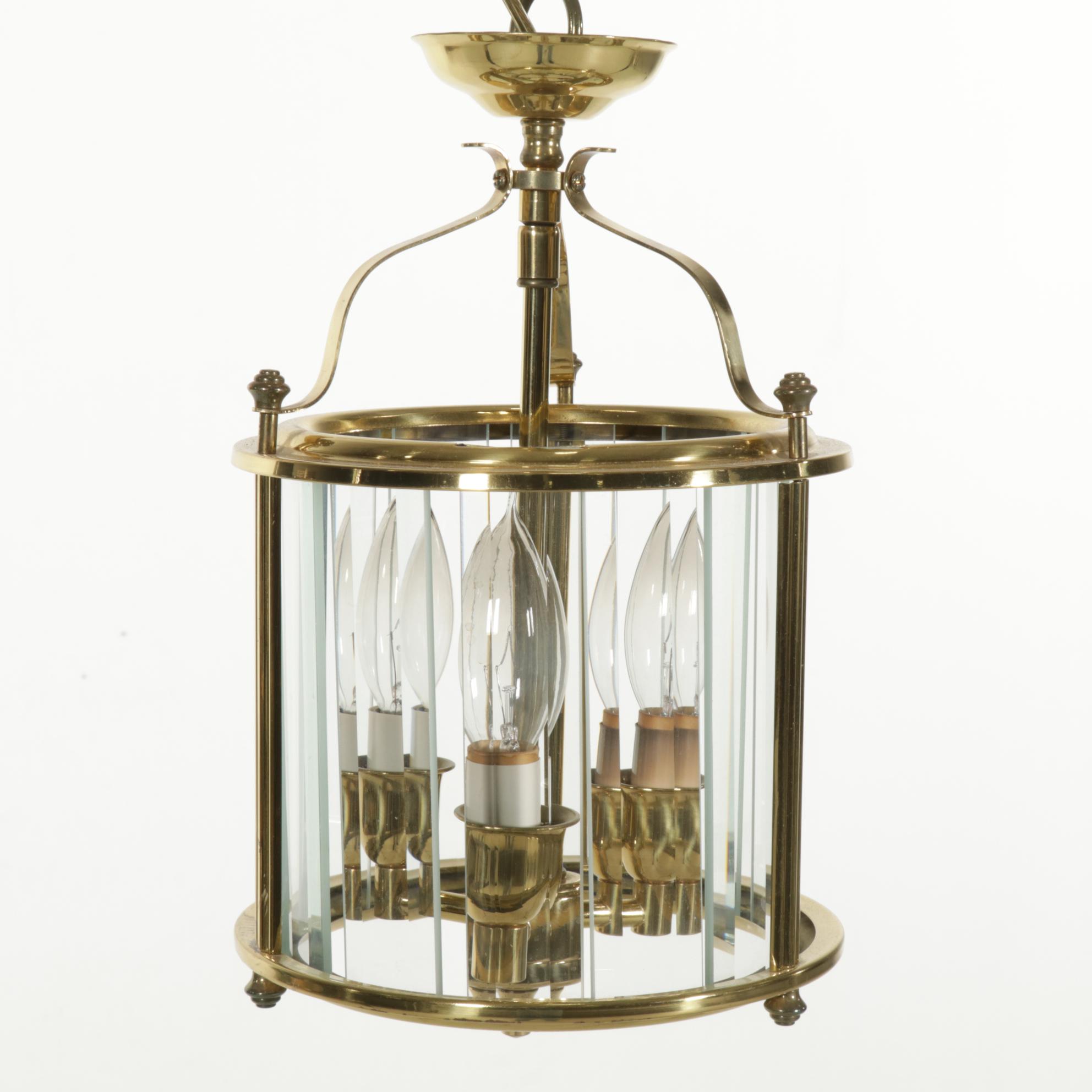 Colonial Style Lacquered Brass and Prism Glass Pendant, Late 20th C