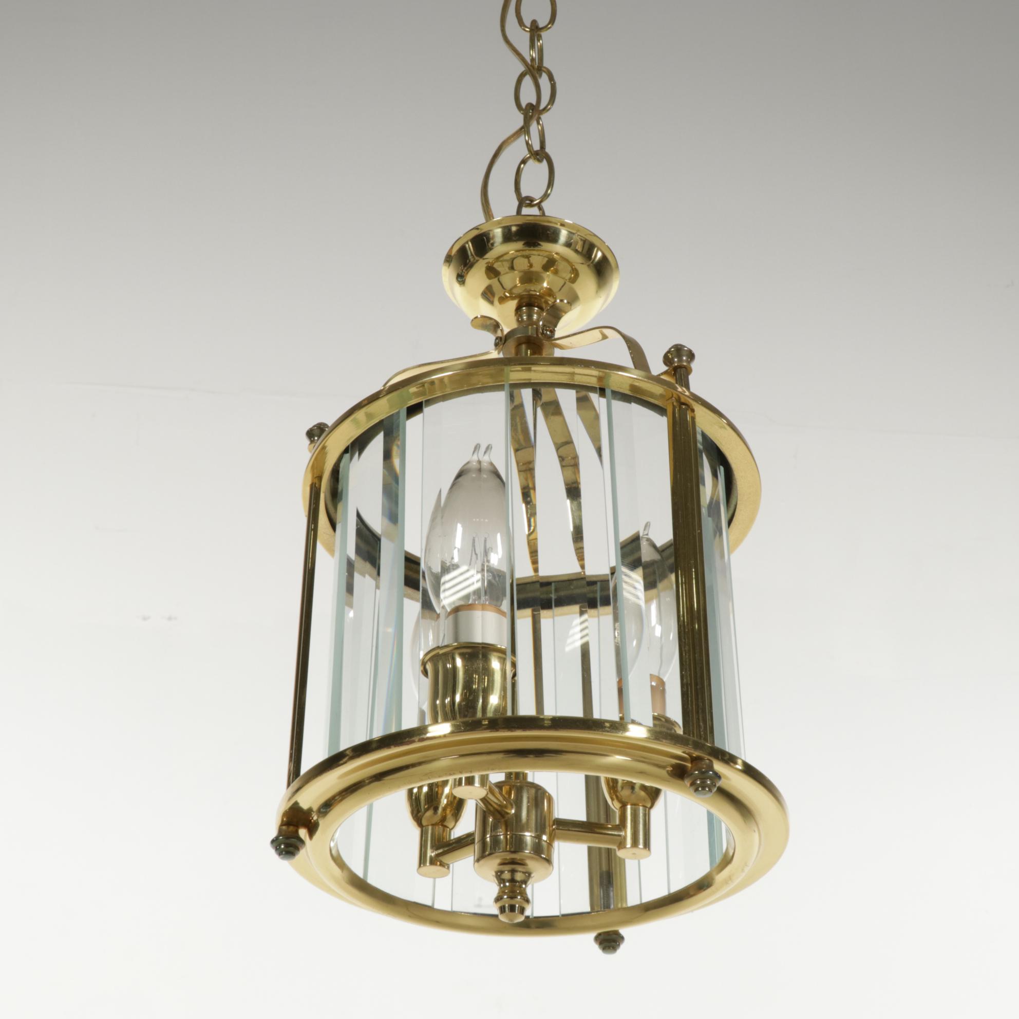 Colonial Style Lacquered Brass and Prism Glass Pendant, Late 20th C