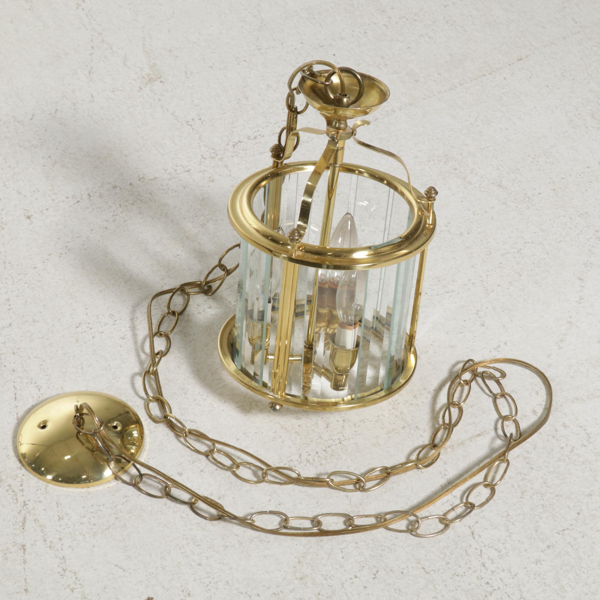 Colonial Style Lacquered Brass and Prism Glass Pendant, Late 20th C