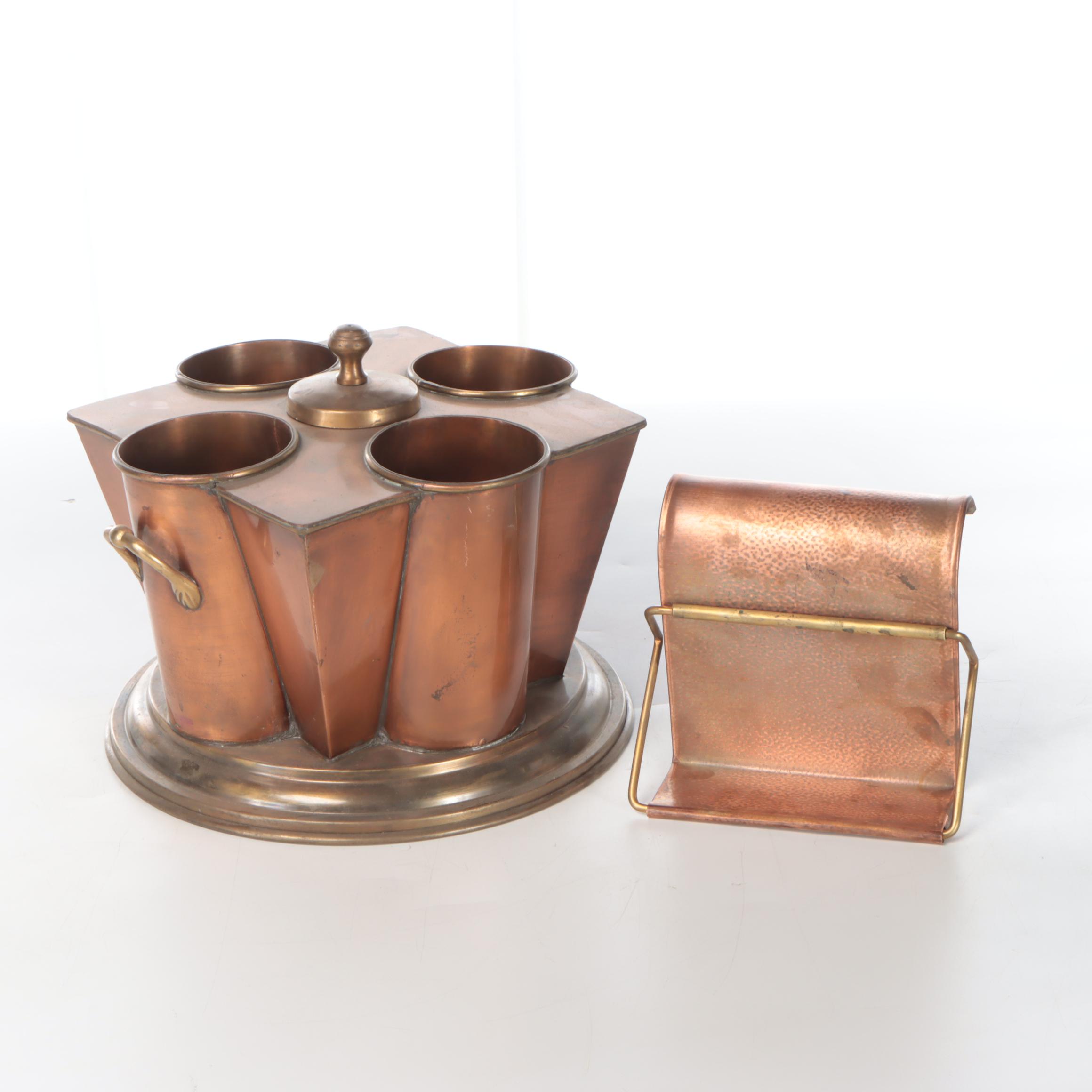 Indian Art Deco Brass and Copper Four-Bottle Wine Cooler with Stand