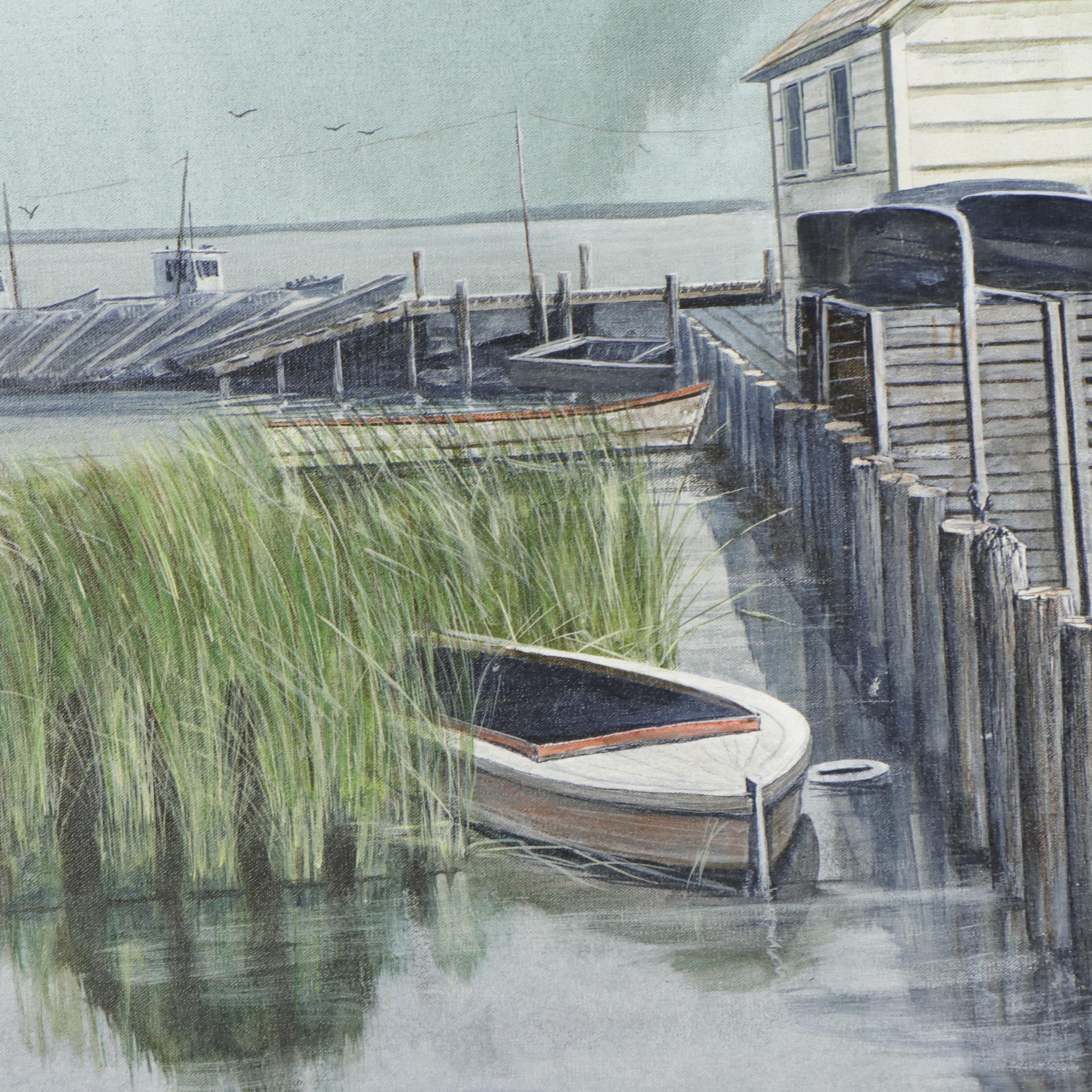 Bill Carnes Chesapeake Bay Harbor Painting, Late 20th Century