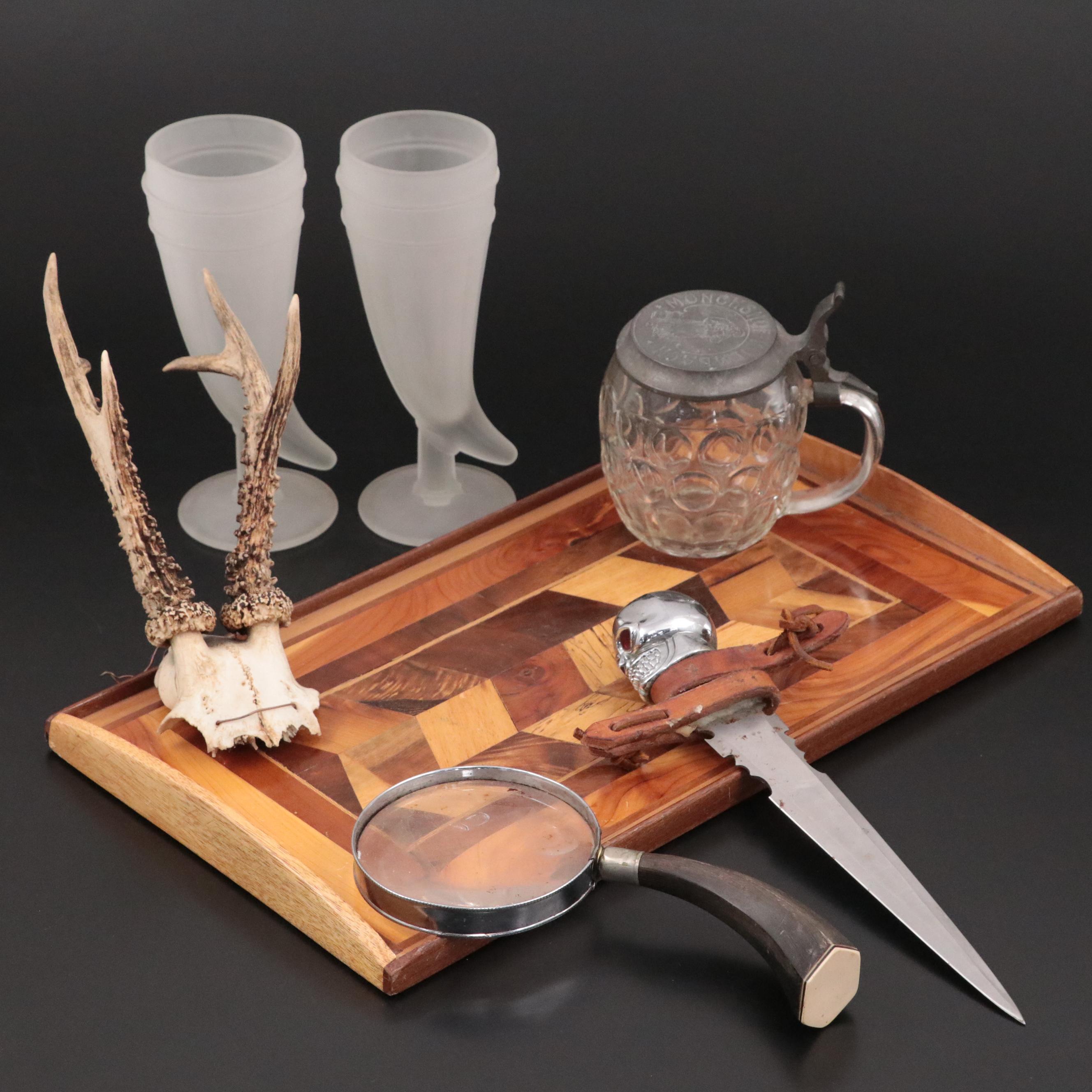 Frosted Glass Drinking Horns, Steel Short Sword, and More