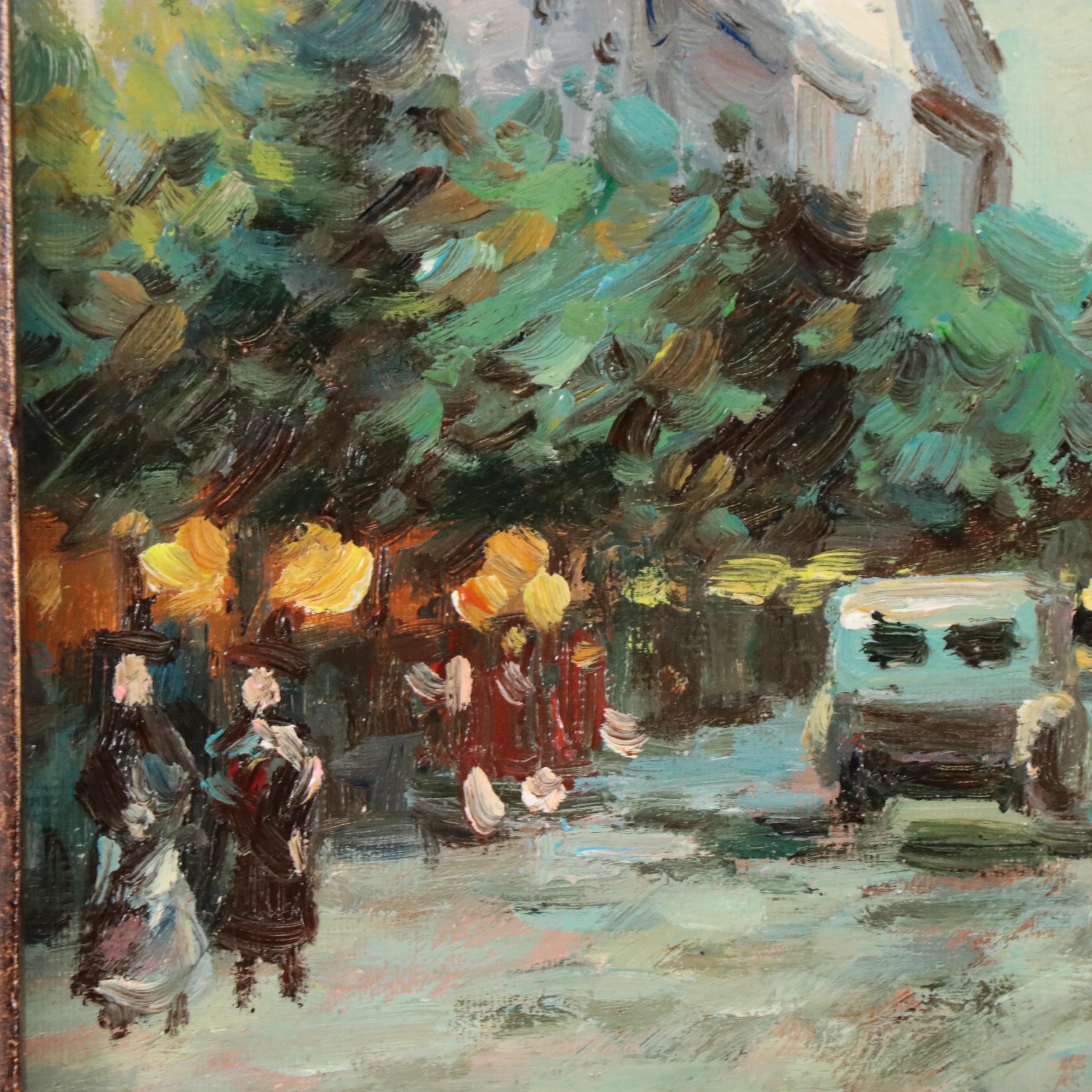Post Impressionist Style Oil Painting of a Street Scene with Figures, 1988