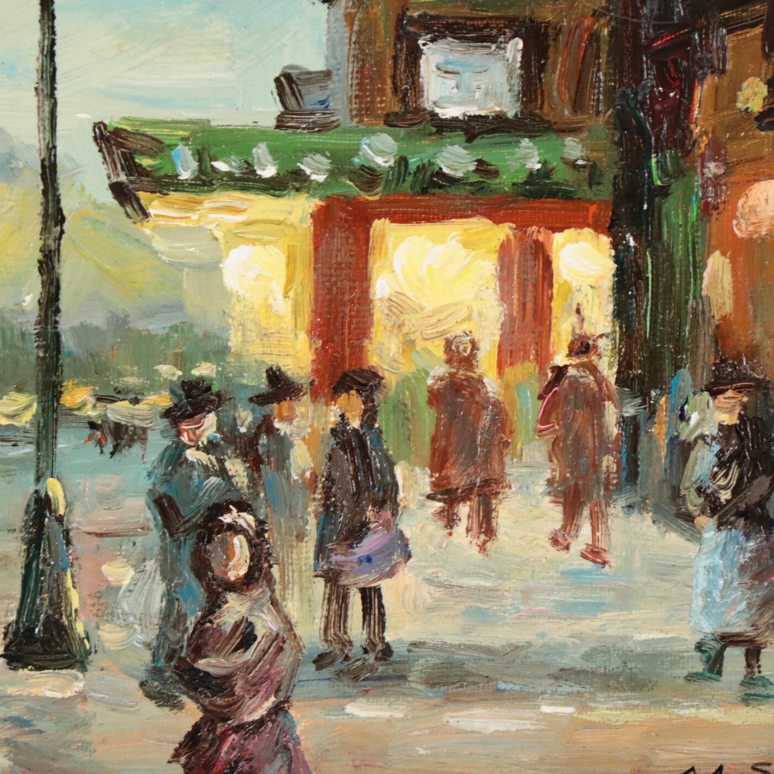 Post Impressionist Style Oil Painting of a Street Scene with Figures, 1988