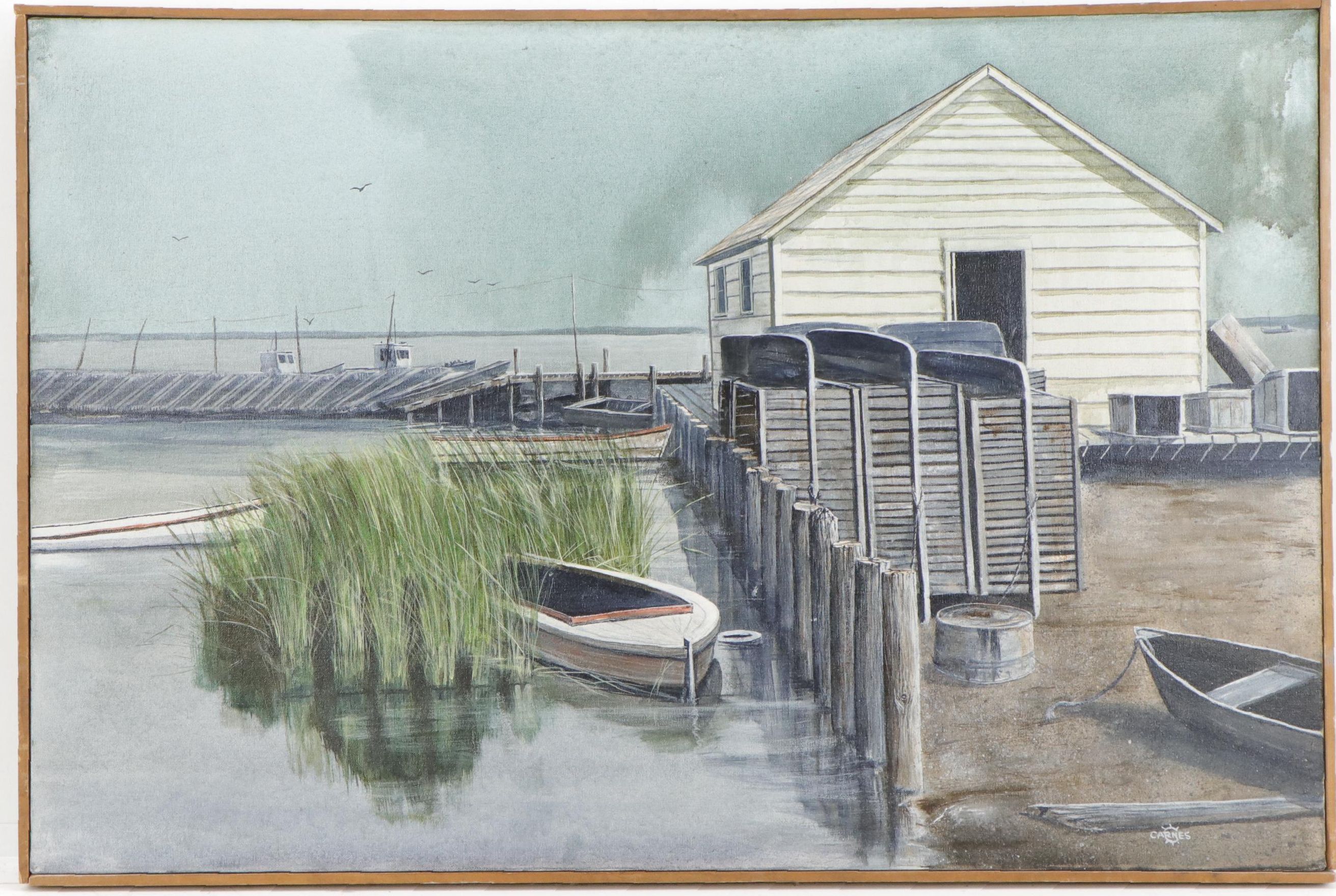 Bill Carnes Chesapeake Bay Harbor Painting, Late 20th Century