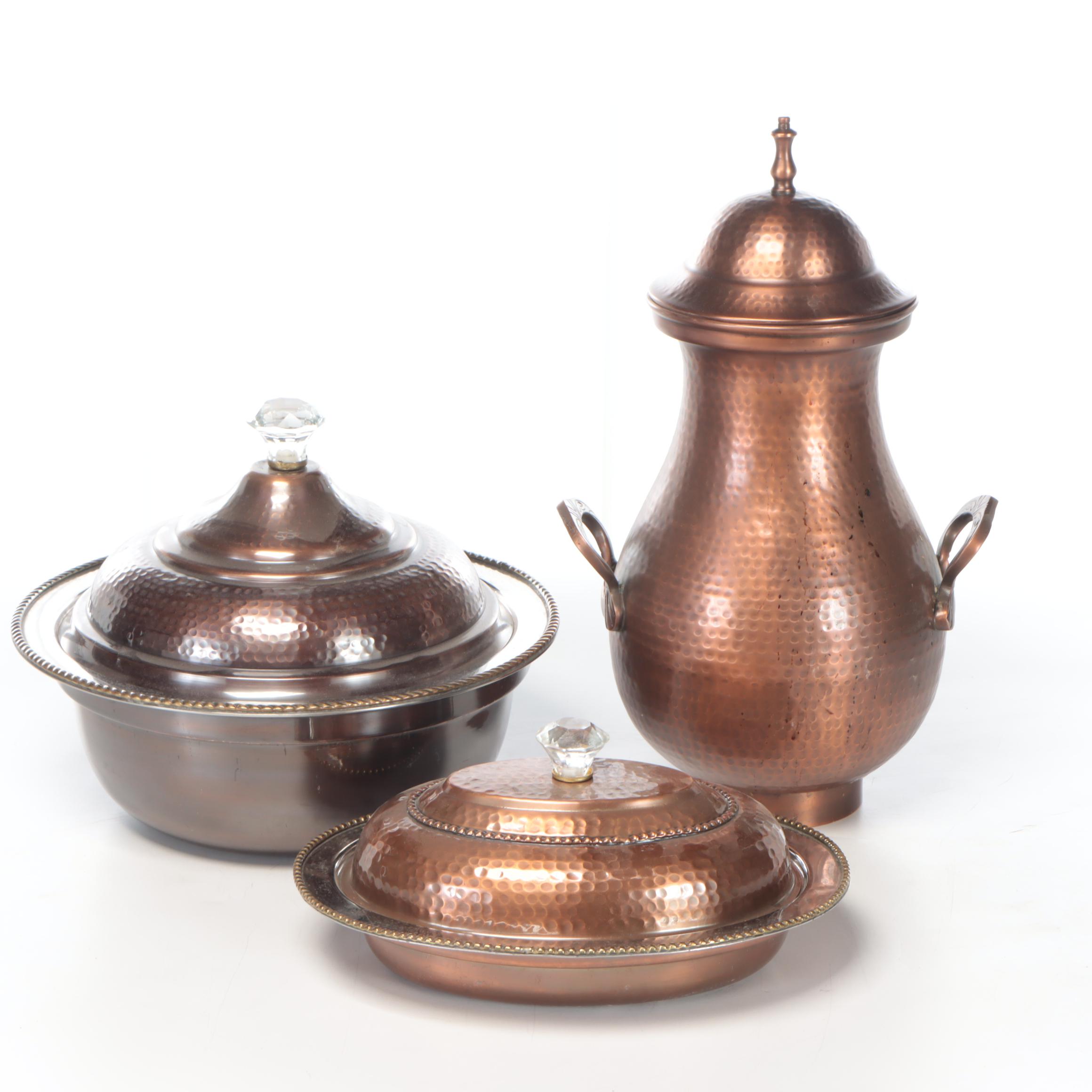 Hammered Copper Serving Dishes and Drink Dispenser