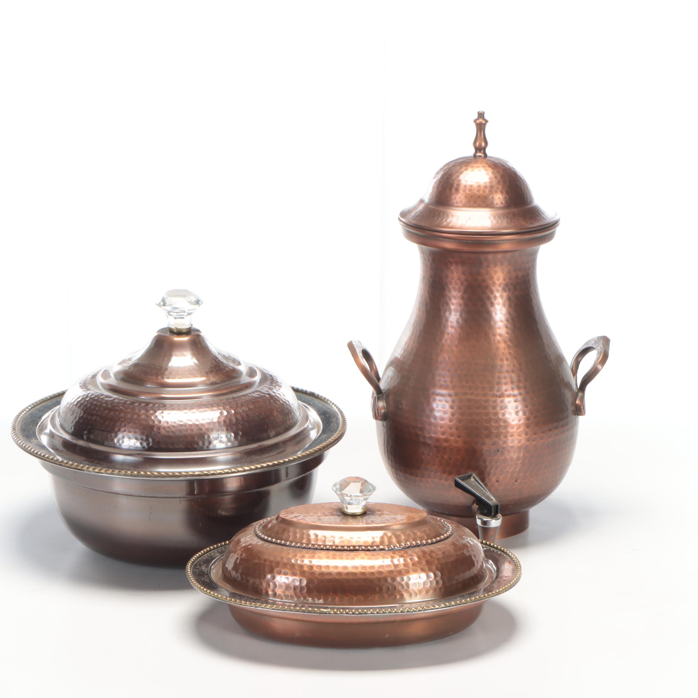 Hammered Copper Serving Dishes and Drink Dispenser