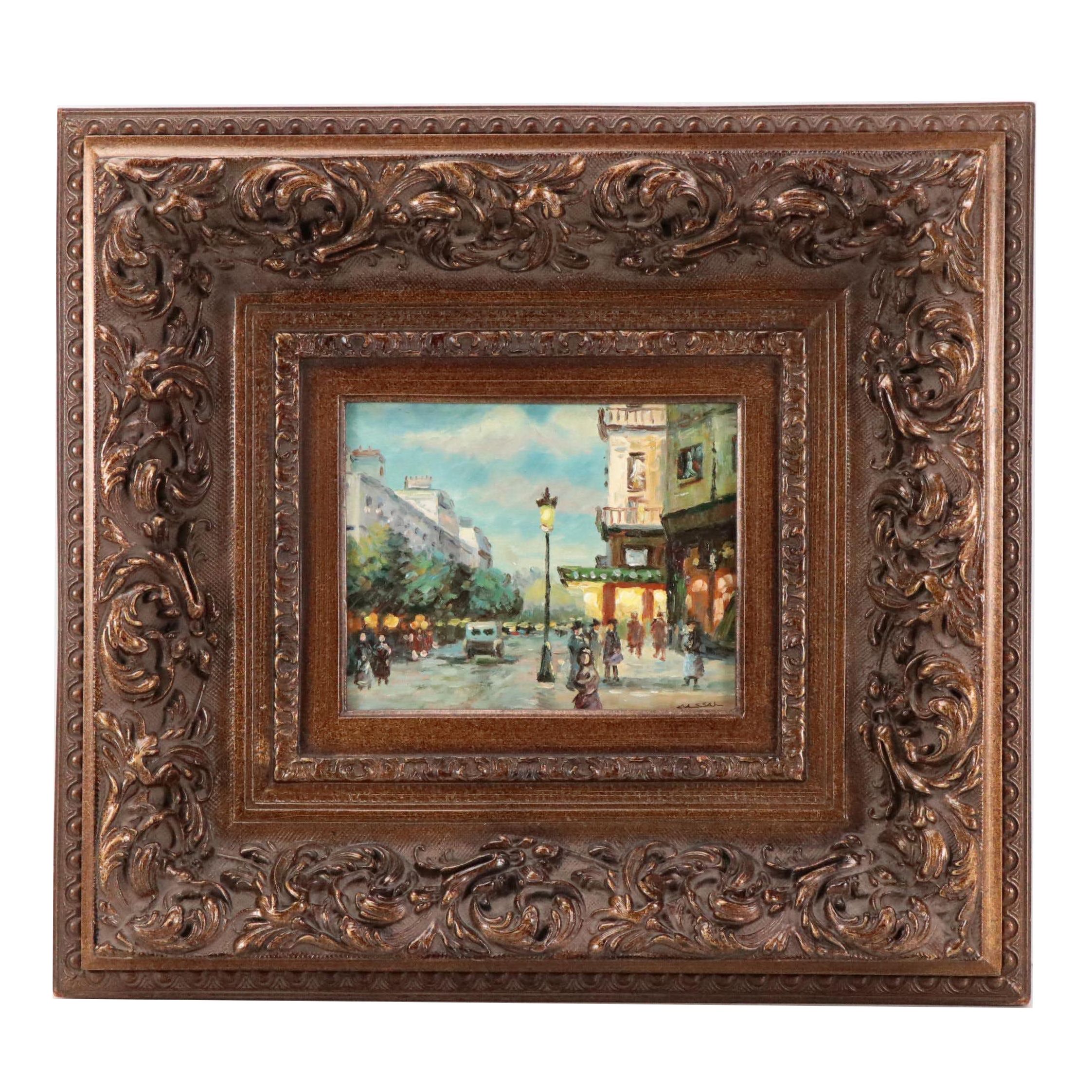 Post Impressionist Style Oil Painting of a Street Scene with Figures, 1988