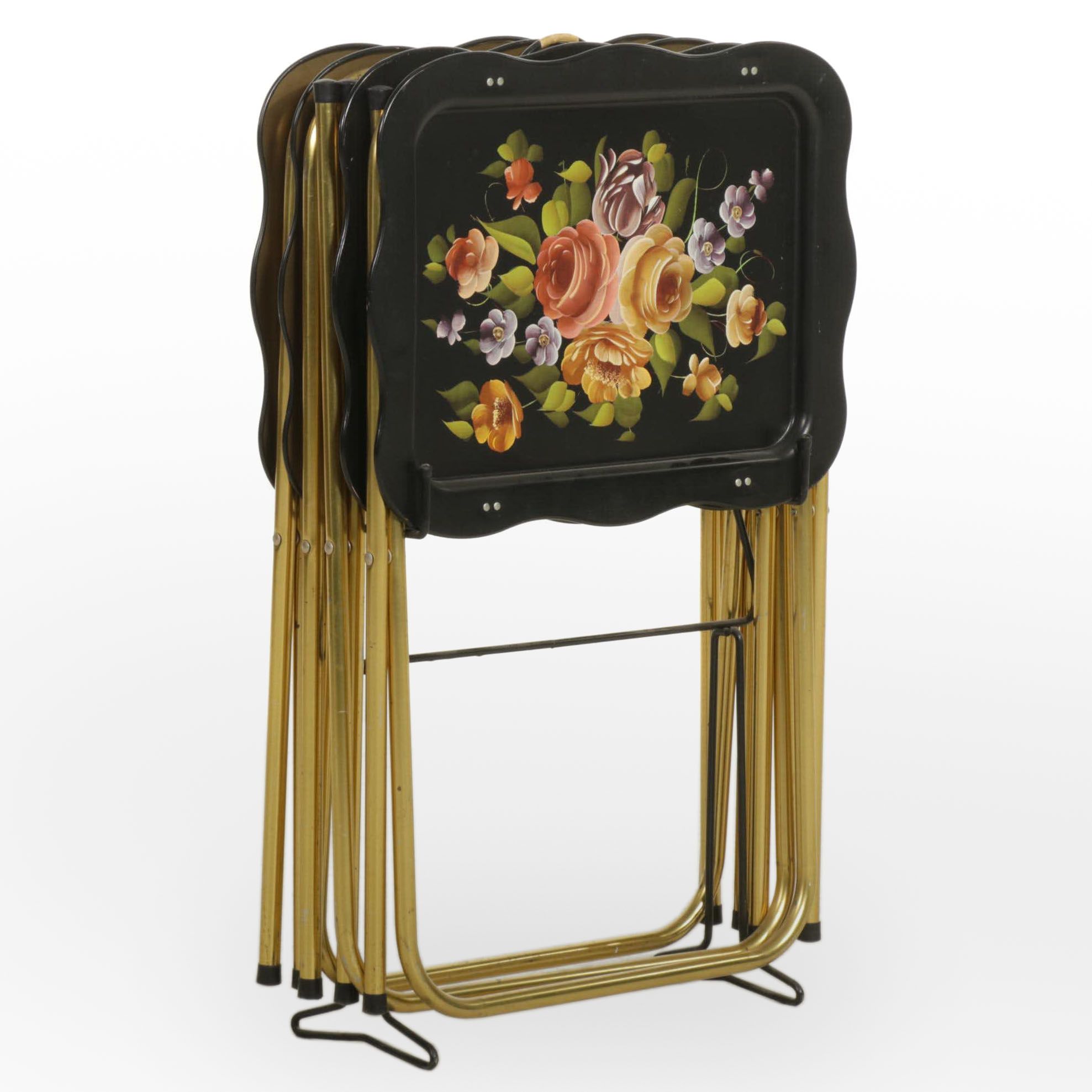 Floral Tole Painted Set of Four T.V. Trays with Wire Stand EBTH