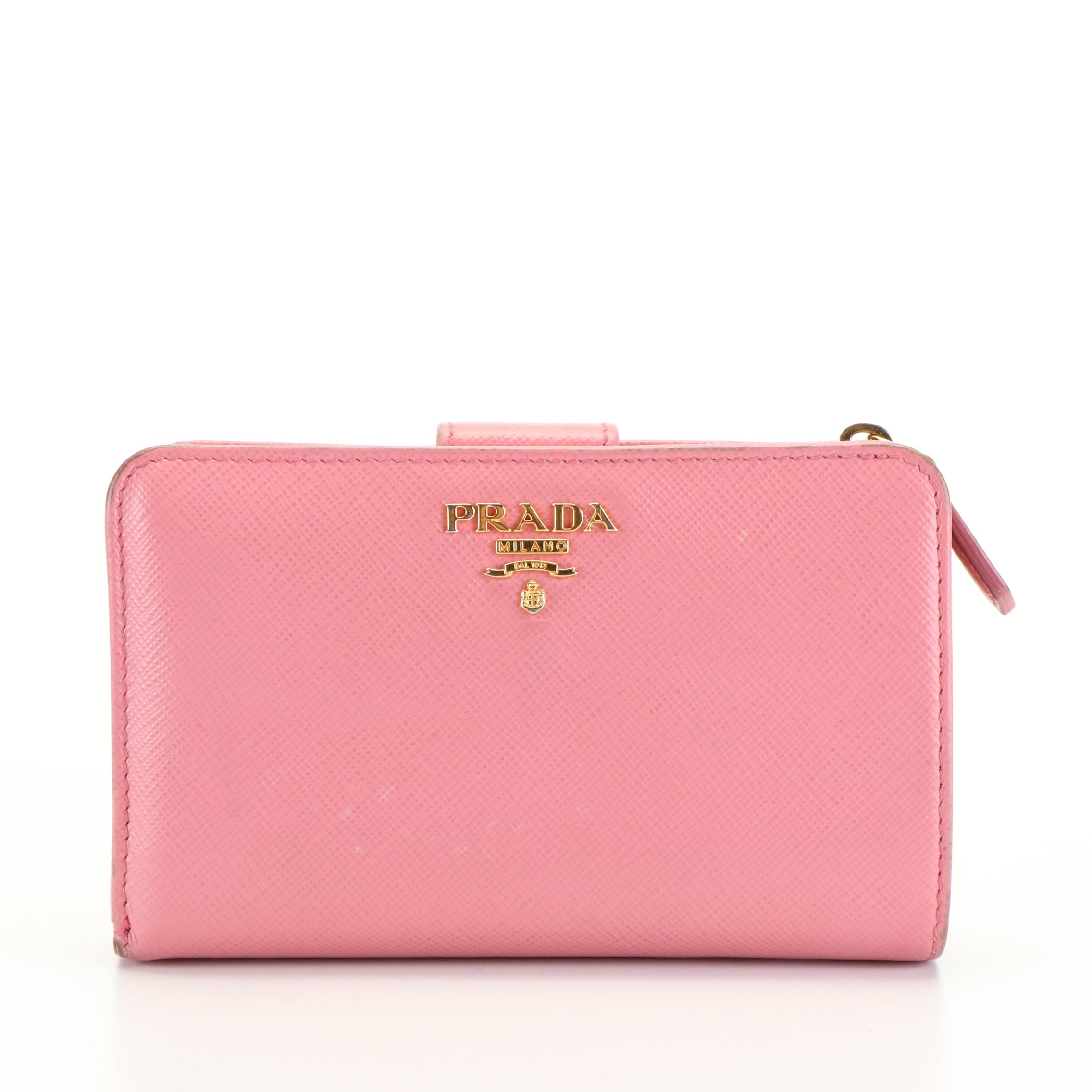 Prada Pink Saffiano Leather Zip Around Compact Wallet with Box