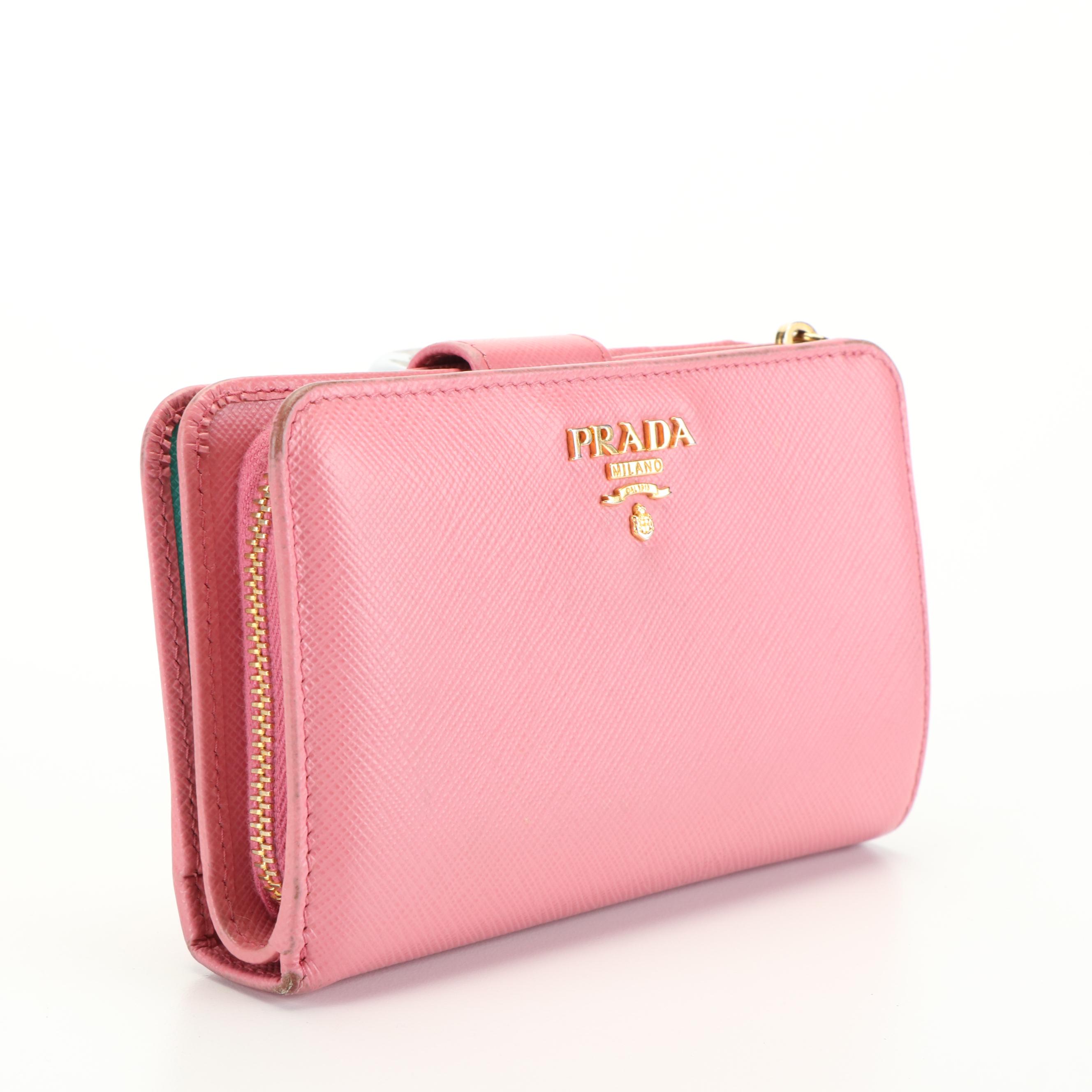 Prada Pink Saffiano Leather Zip Around Compact Wallet with Box