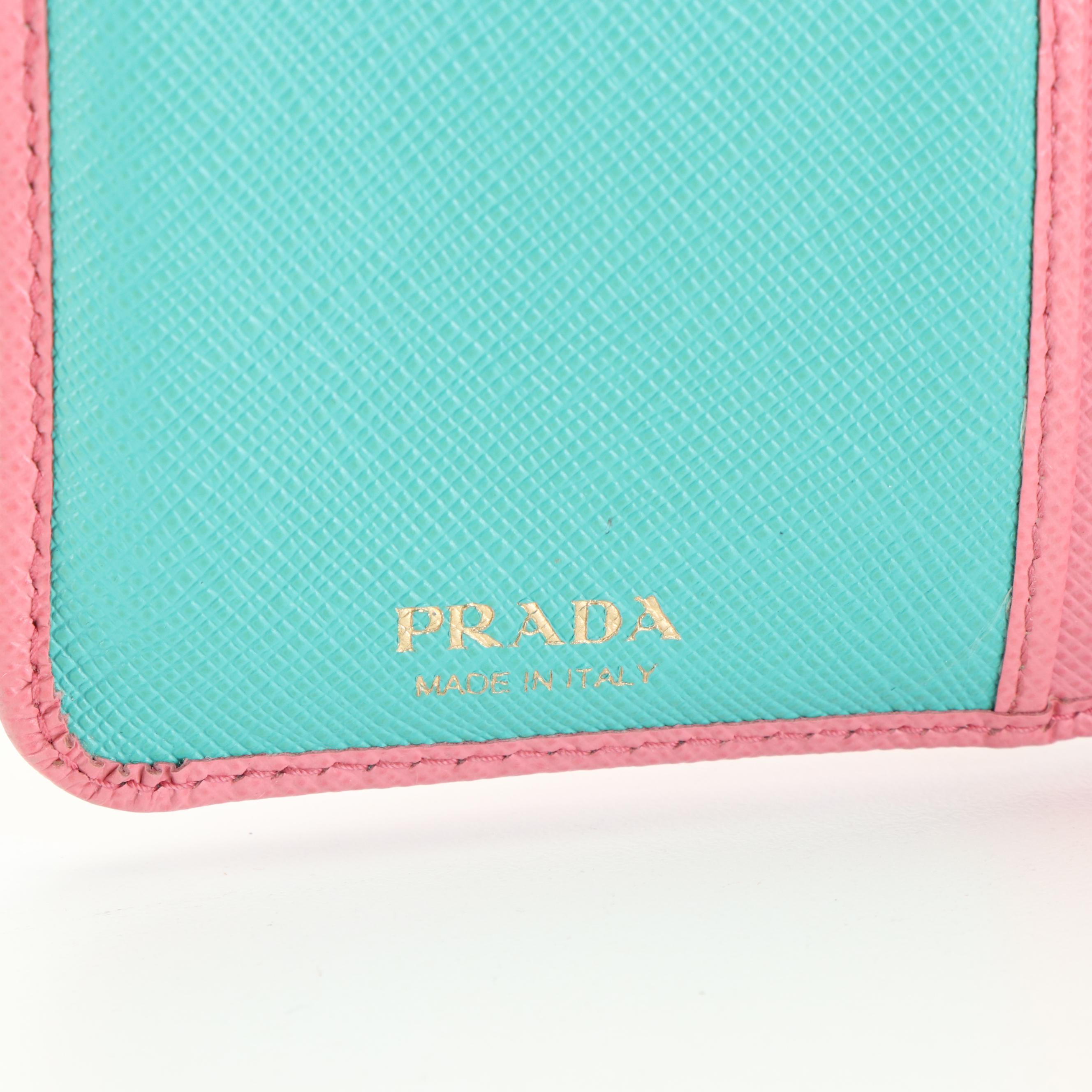 Prada Pink Saffiano Leather Zip Around Compact Wallet with Box