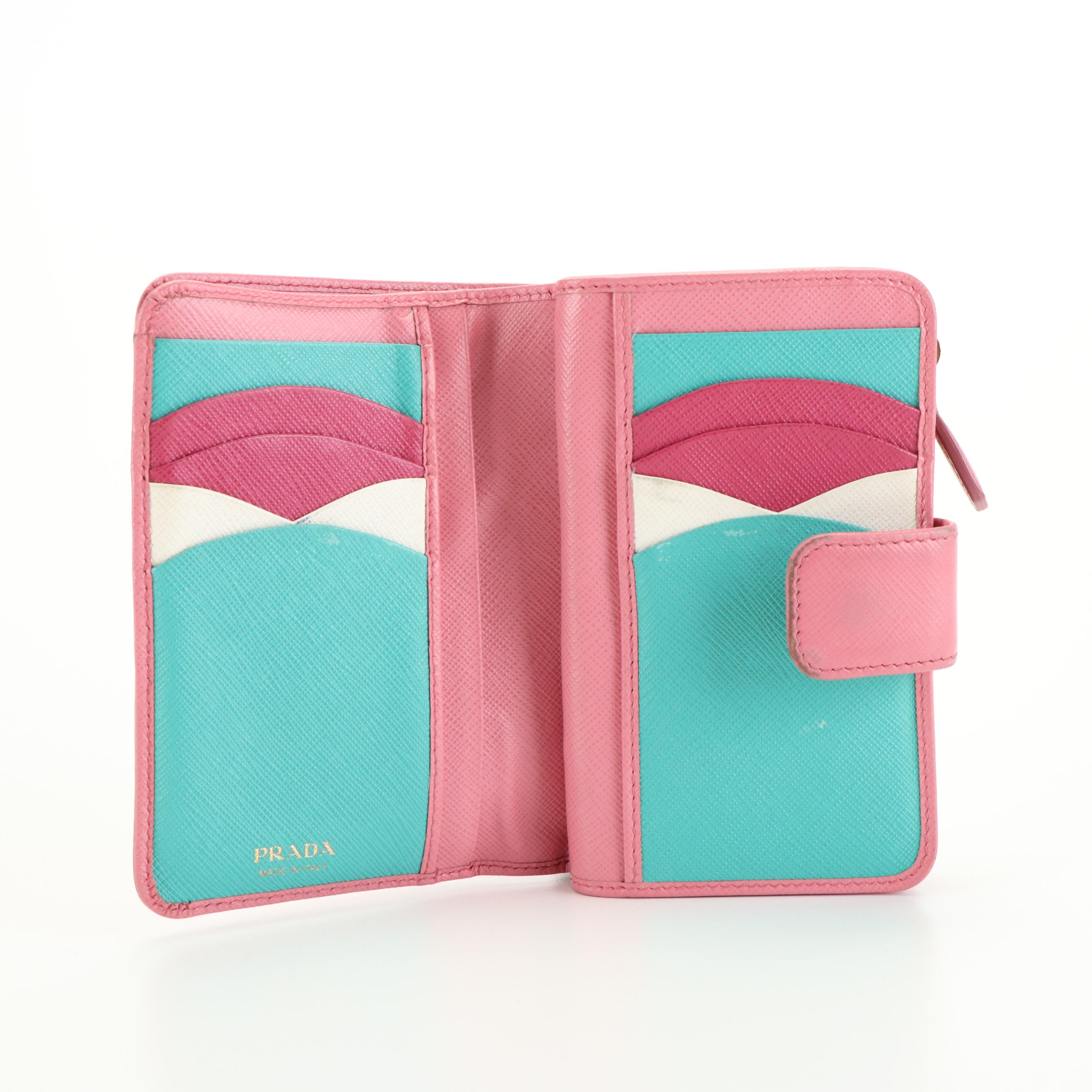 Prada Pink Saffiano Leather Zip Around Compact Wallet with Box