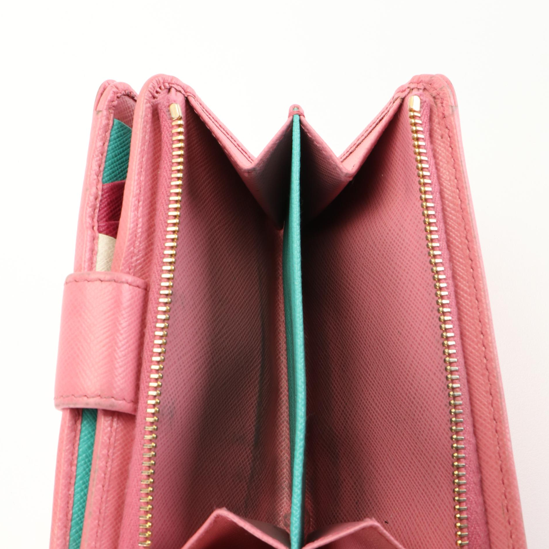 Prada Pink Saffiano Leather Zip Around Compact Wallet with Box